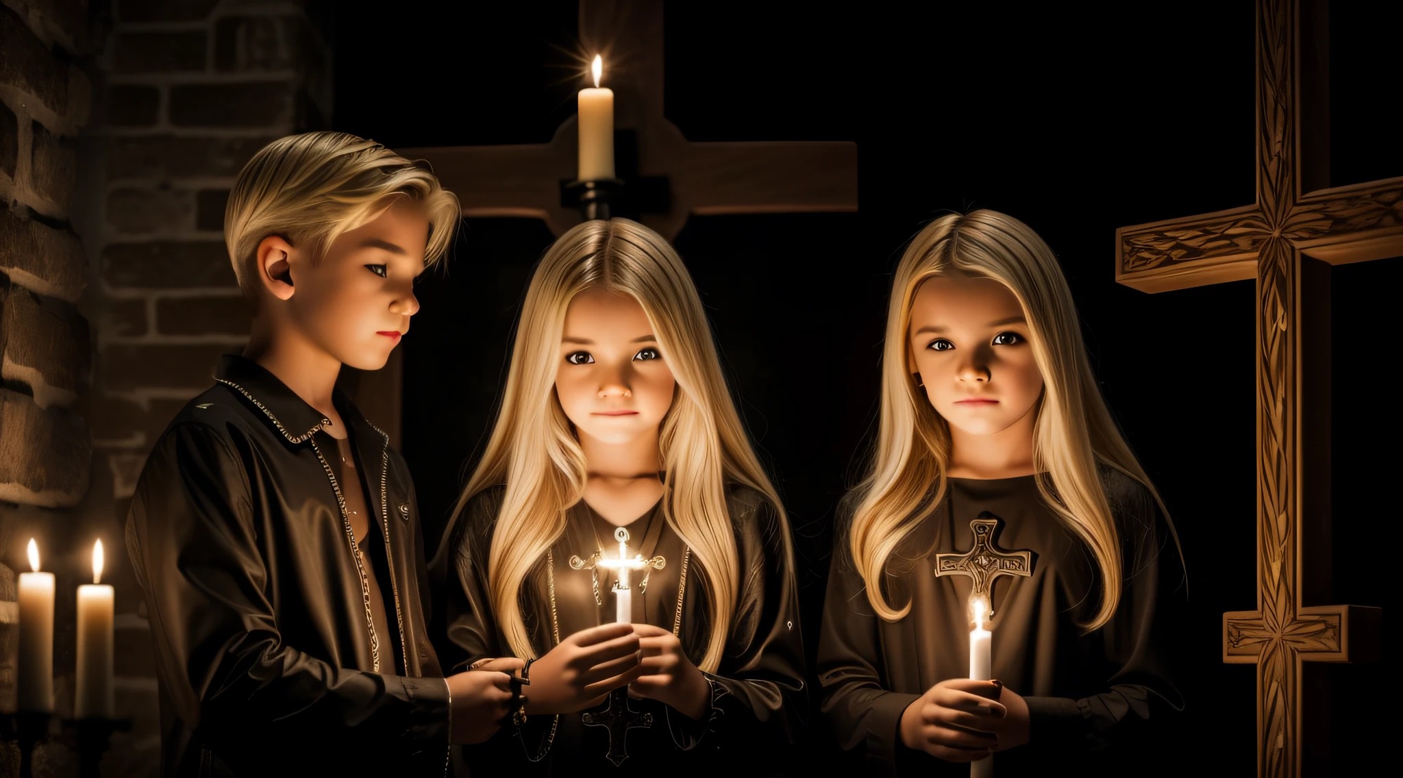 A half body, portrait of 3 girls German children long platinum blonde hair of , red leather jackets, holding in their hands a cross, background of chains, chain, more chains, many chains, , red, red fire, many background flames.