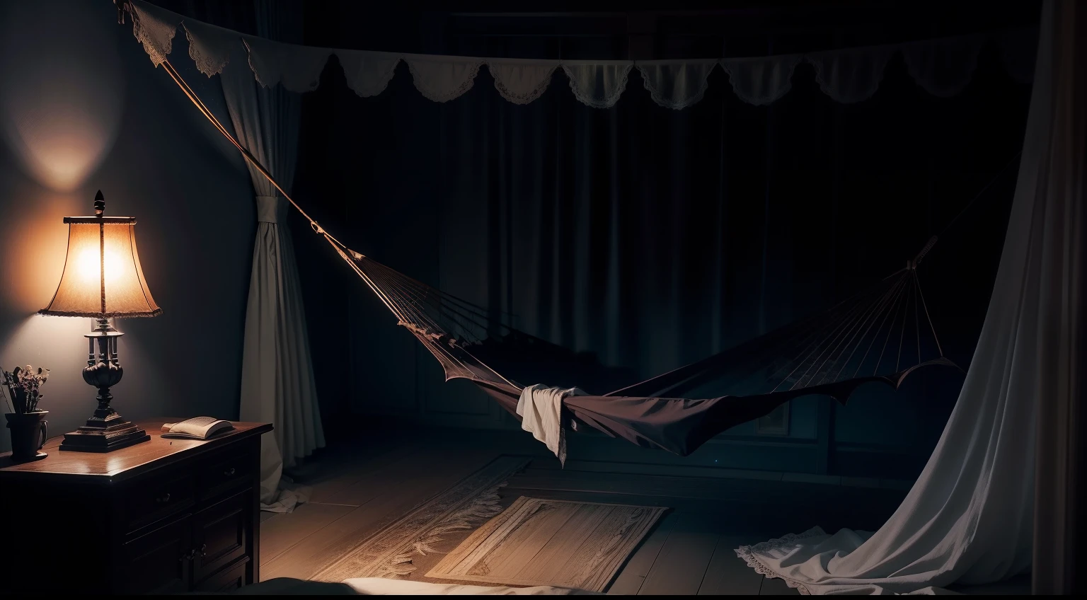 Midnight, dark bedroom, hammock, a bat, moonlight illuminates the scene through the curtains of the window