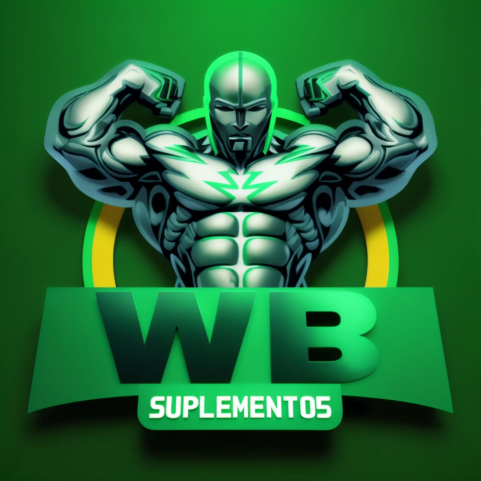 O logotipo do tipo 3D para o suplemento suplemento suplemento suplemento, detalhes preto e verde, IFBB Corpo Fitness, imagem de perfil, sem antecedentes, athletic body build, corpo do fisiculturista, 3D Logo, detalhes preto e verde, fundo preto