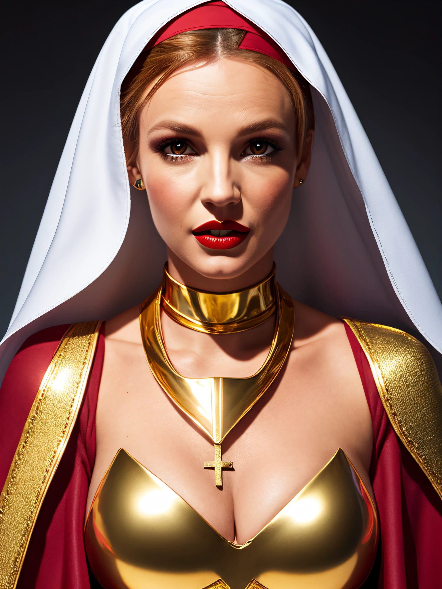 Britney Spears, ginger hair,(stylish bob haircut), (natural big breasts), wearing ((warrior nun), superhero tight suit)1.2, (cleavage with gold plated cross between natural boobs breastplate)1.4, (red lips lipstick), Realistic, perfect lighting, hyper realistic