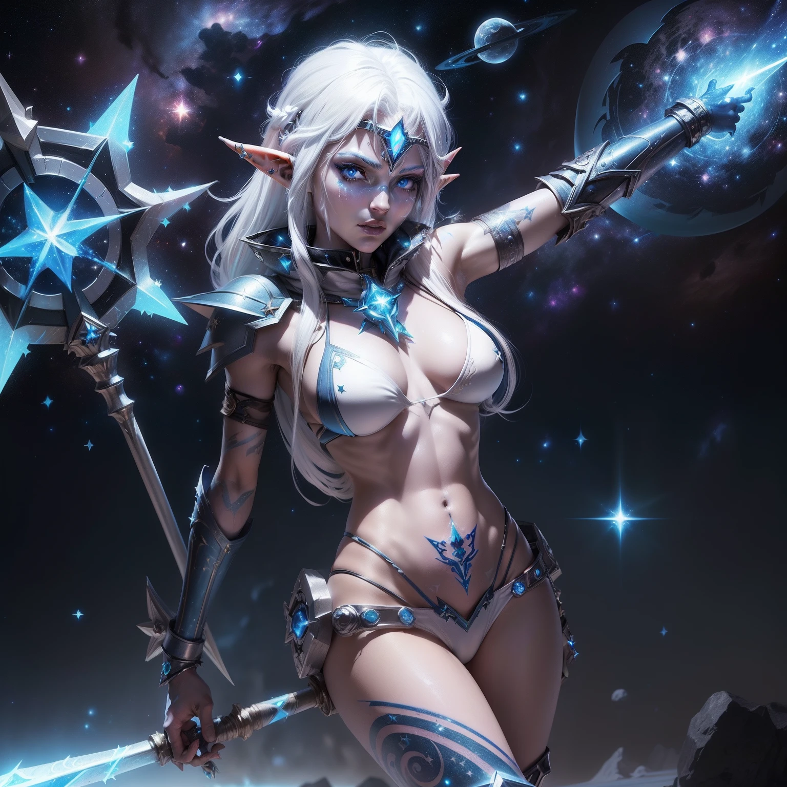 (((Space theme))) (((Space Pirate))) (((Stars in the eyes))) (((solo))) (((female astral elf))) (((tecnologic bikini armor))) (((white hair))) (((holding a metal magic staff))) (((blue stars tattoos)))