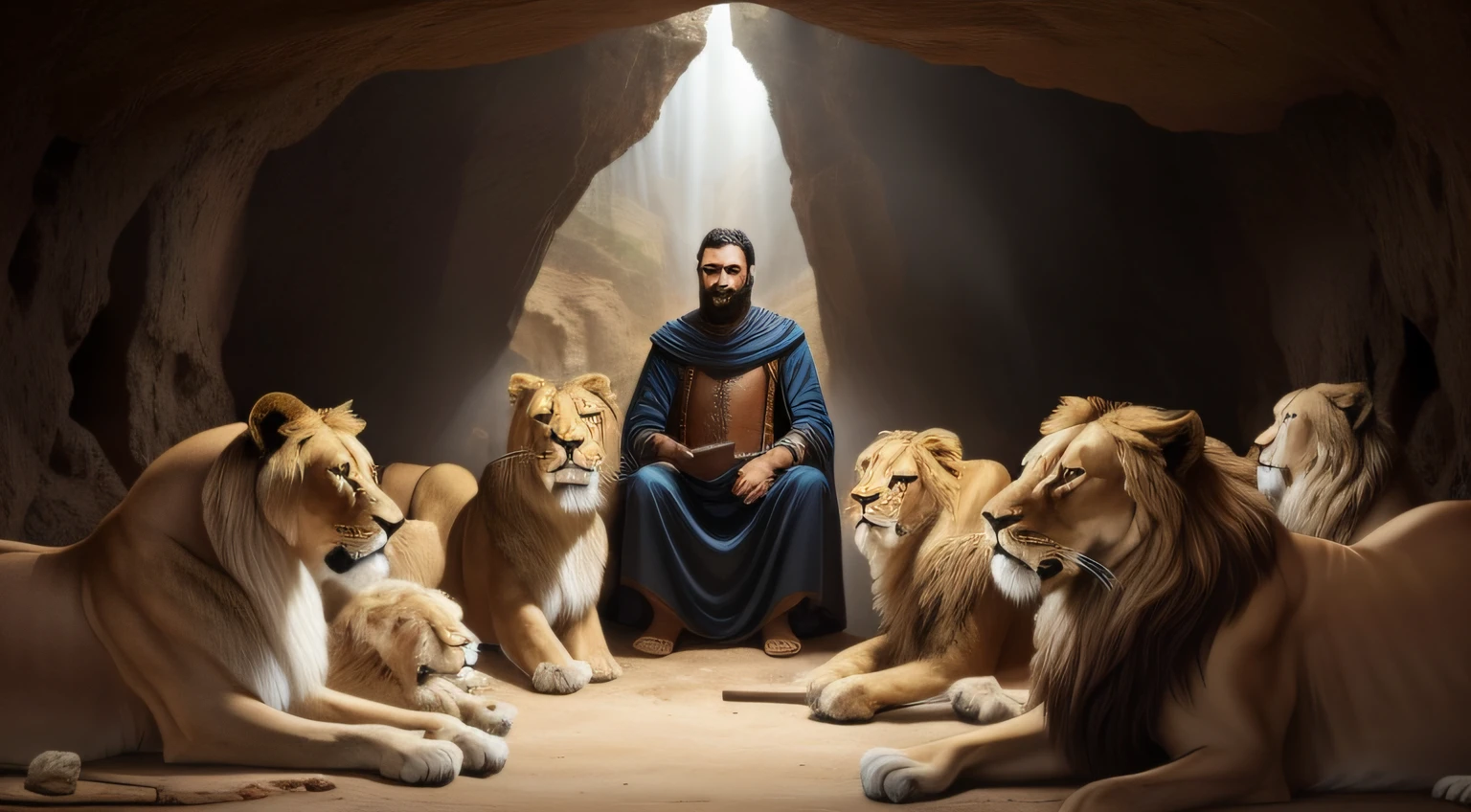 a photo of a man in a cave sitting in front of a group of lions, deus dos gatos, Rei dos Reis, lions, historia de fundo: Cave with lions, epic biblical representation, Senhor das Bestas, Deus olhando para mim, Directed by: Howard Lyon, Senhor da Selva, bible illustration, biblical image, Directed by: Leonardo Longo, Rei da selva, prophetic art