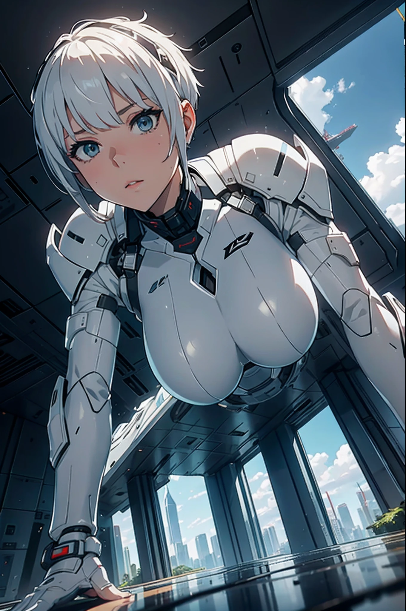 beautiful white female tomboy piloting giant white luxurious advanced mech-suit taller than sky-scrapers, (from below:1.4), (on all fours:1.4), open canopy, tight shiny black latex outfit, pixie-cut, hair framing face, long fringes, sweaty, early morning, dim lighting, cloudy, large breasts, (:0.9), very narrow waist, wide hips, dynamic pose, dynamic angle