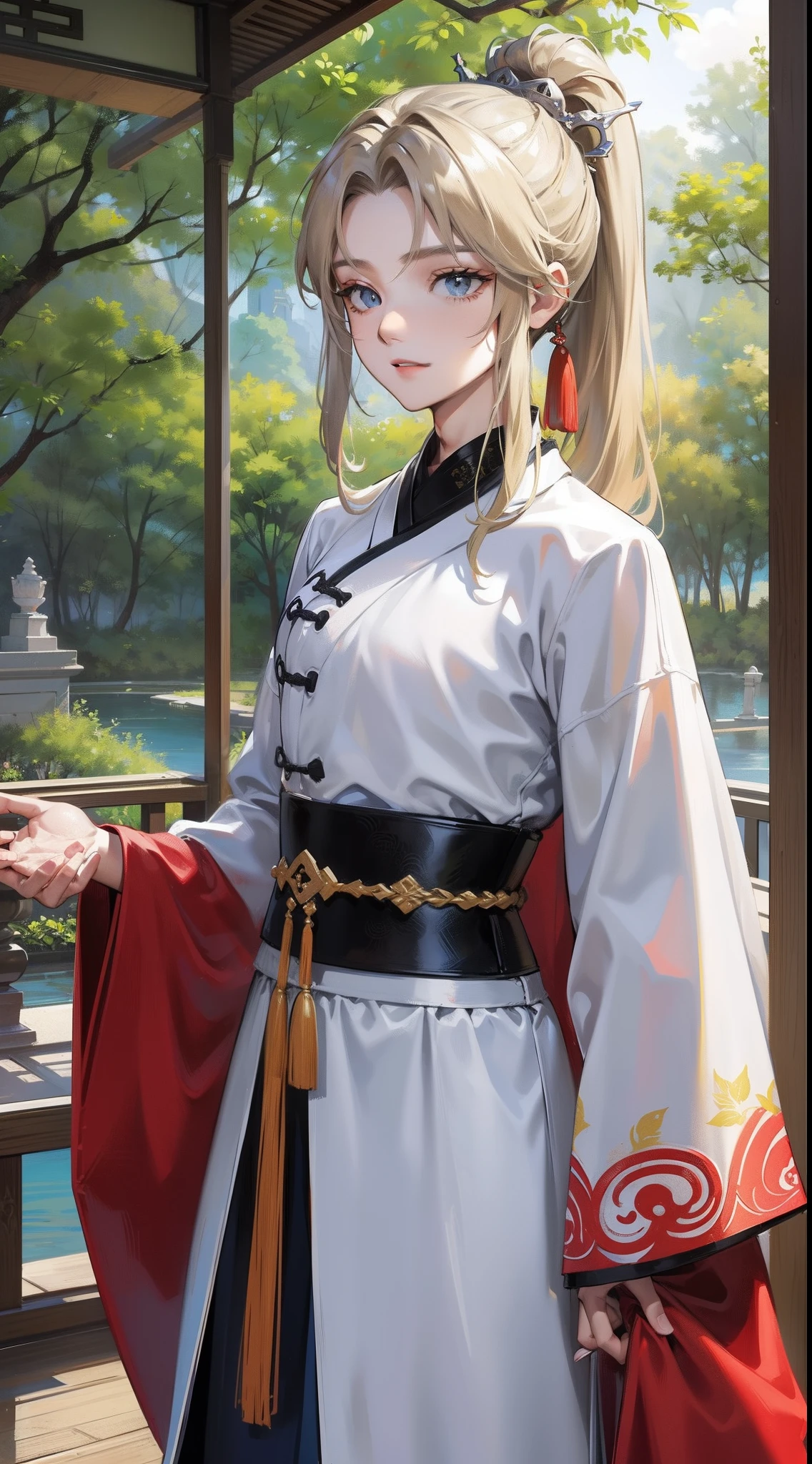tmasterpiece,hyper HD,acurate,Need,The is very detailed,A man,ssmile,China-style,Chinese Ancient Times,brunette color hair,Gray-blue eyes,bifurcation,long whitr hair,with long bangs,High ponytail,Blonde crown,Handsome,virile,gentleness,large tall,A tranquil,long white robe,exteriors,bamboo forrest,tree branch,Wind Comfort, Young men,The expression is steady