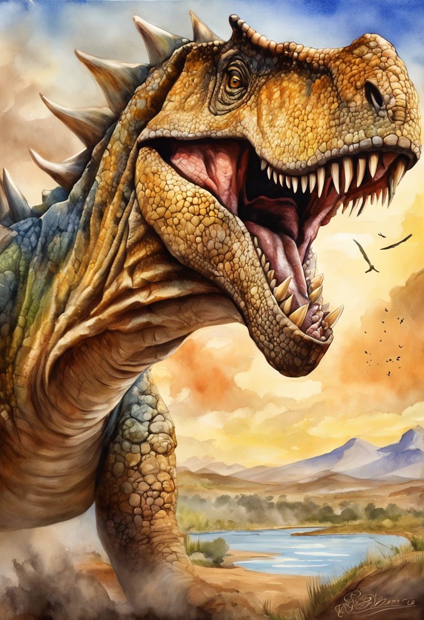 extremamente detalhados, obra-prima, great quality, imagem em CG ultra detalhada, perfect lighting, Sombras realistas, epic scene, dinossauro poderoso, Tiranossauro Rex, dramatic sky, cores vibrantes.