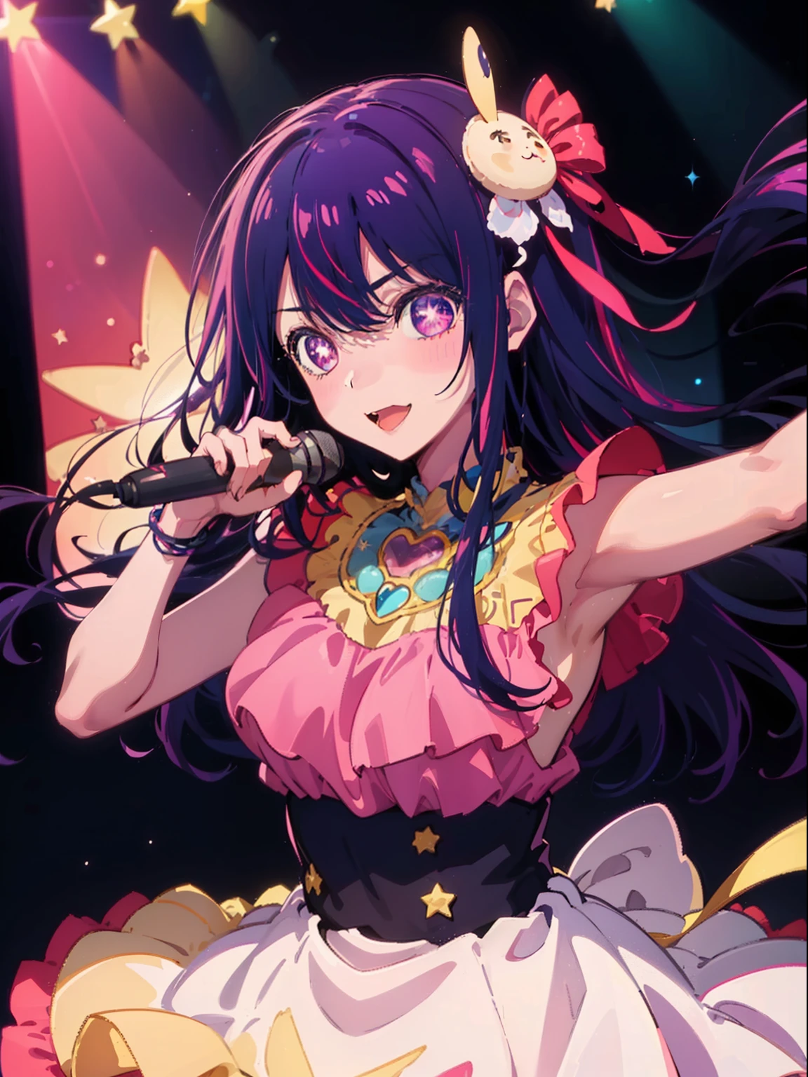 (1girl in,),Dancing,(((Ai Hoshino Dresses))),Six-pointed star in the eye,Microphone in right hand,((Colorful atmosphere)),Wink,(((cute-style))),((Saturated colors)),(Ai Hoshino),Big eyes,Eyes of Fantasy,Purple hair,Happy,Hair Accessories,((High quality)),Touching pink and black dresses,Anime Idol,