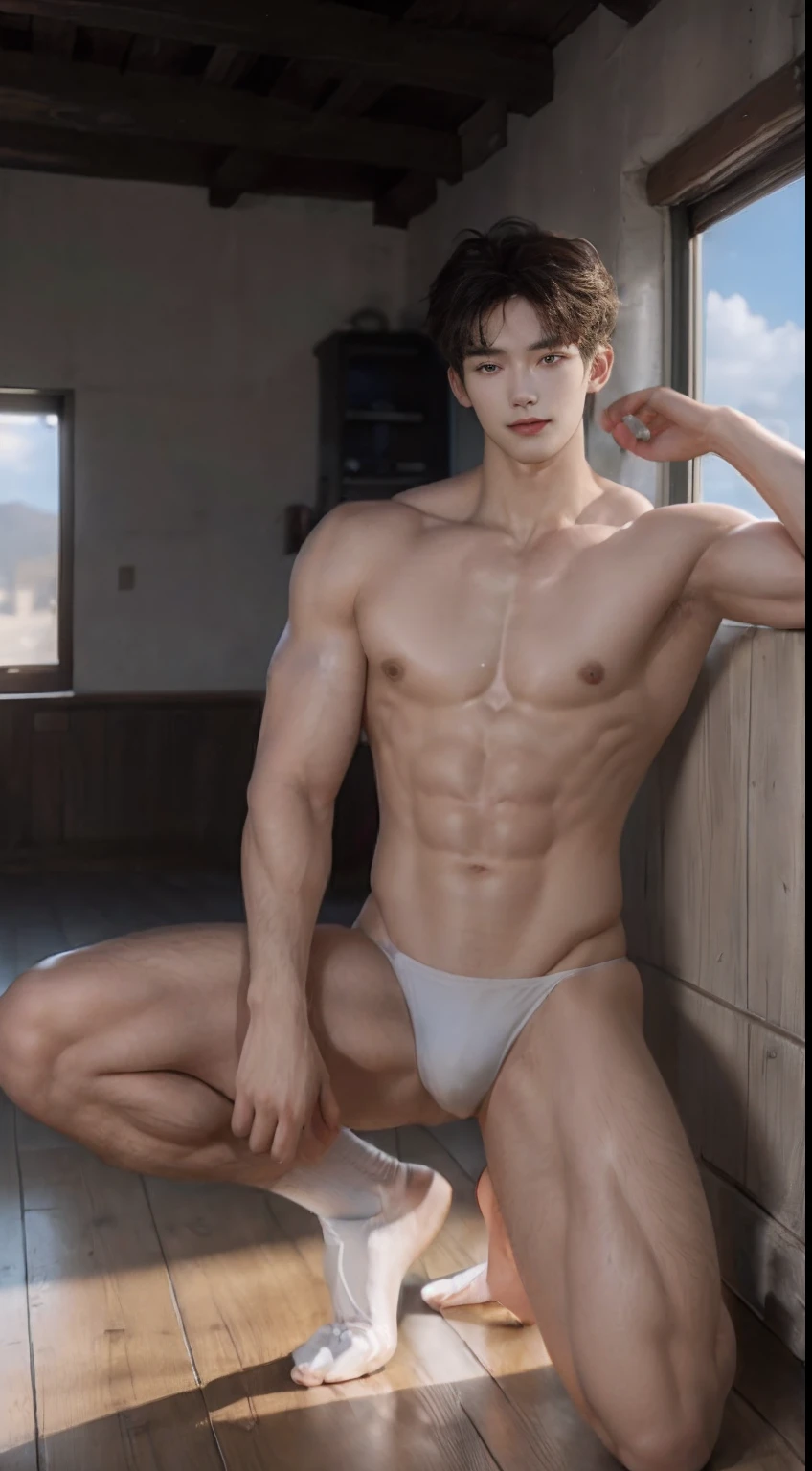 (((Best quality))),(((Ultra detailed))),(((Masterpiece)))，（Cute tall Shota：2），The height of a volleyball player，solo person，（full bodyesbian：3），（Stay away from the lens：3），Expose your legs，Bare topless，Bare lower body，（revealing the whole body：2），（Frontal heads-up view：1.2），malefocus，（looking at viewert），ers old，（Tall：3），（Tall guy：2），Super tall，（Height 300 cm：2），Excellent body proportions，muscular physique，（1.The shoulders are 5 times wider：1.2），（Slender straight legs：2.5），Slender feet，small heads，musculous，（The face of the animated male protagonist），Pure face，（Very detailed beautiful face and eyes：2），（Big bright eyes：1.2），Sharp eyeliner，Clear and beautiful face，，exhilarated，（Happy smile：2），short detailed hair，（Correct facial features），（tilts your head：1.5），（White thong：2)，whitestocking，（Muscle firming：2），Strong，（Wide shoulders and narrow waist：2.2），Sports men's socks，Detailed muscle texture，Highlights muscle structure，At home，（He was kneeling on the ground：4），（full length shoot），ultra-realistic realism, (Photorealistic detail), Incredible accuracy, lifelike textures, masterful technique, Jaw-dropping precision, artistic dedication，（anatomy correct），Good lighting，exquisite detailing，Best quality，stunning masterpiece，CG，（Colored screen）