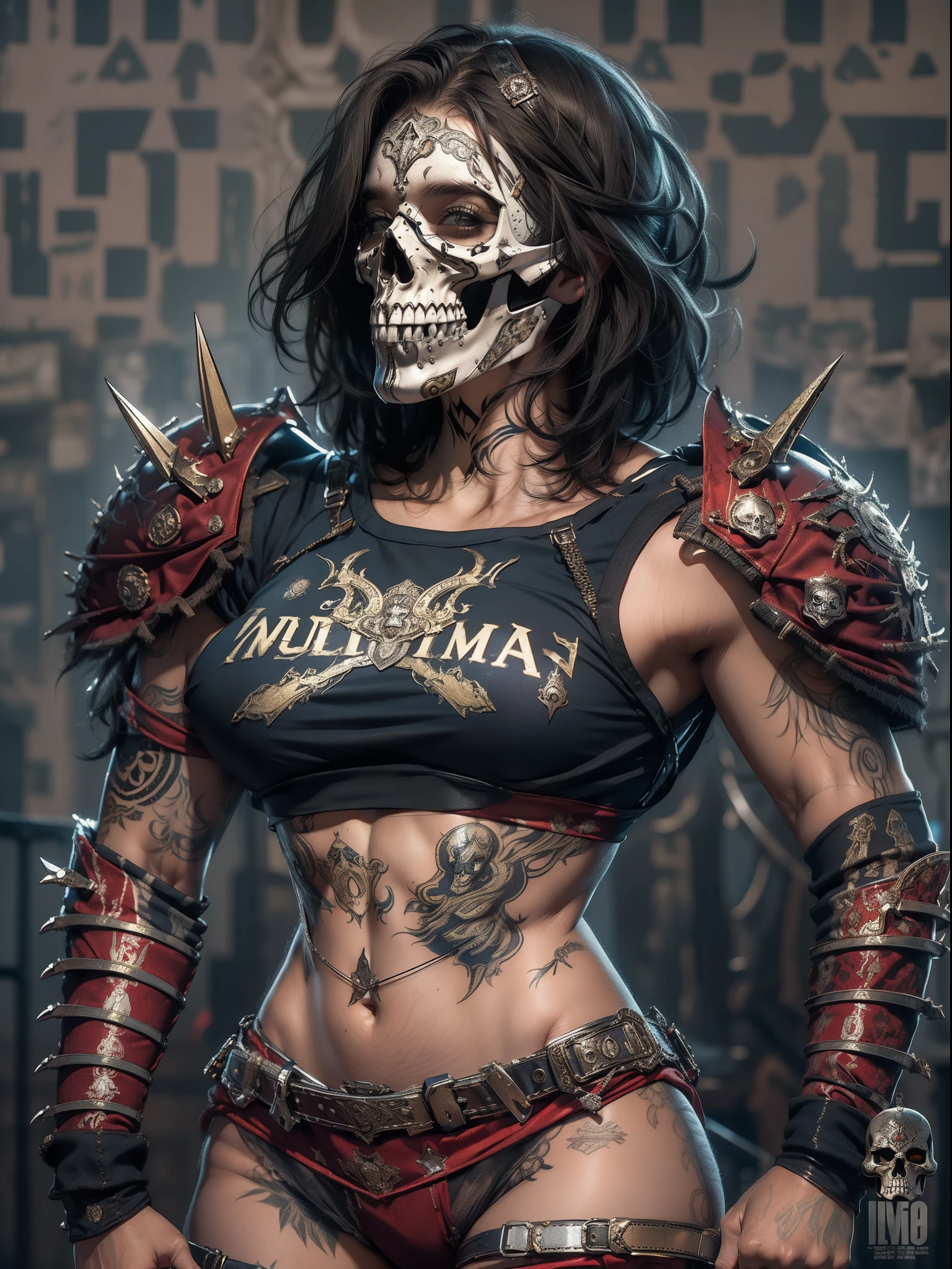 (((mulher))), (((melhor qualidade))), (((obra prima))), (((adulto))), (((1girl))), ((( corte de cabelo bob ))), ((( armadura ))), Uma gladiadora cyberpunk mulher de 25 anos com corpo perfeito, Skull-shaped black metallic pectoral, shoulder pads with metal spines, Gladiadores do Brooklyn, (( corte de cabelo bob )), tiny leather panties, camiseta de time de rugby rasgada, quase nua no estilo selvagem urbano de Simon Bisley para a capa da revista Heavy Metal, Cabelo loiro curto, Minimum clothing, Metal protection on the left arm with intricate graphics, Dark red with white stars and white and navy blue checkerboard pattern, armadura, cheio de pontas e rebites, (((do joelho pra cima))), cabelos loiro branco curto, no fundo uma parede pintada por Shepard Fairey com um design intrincado