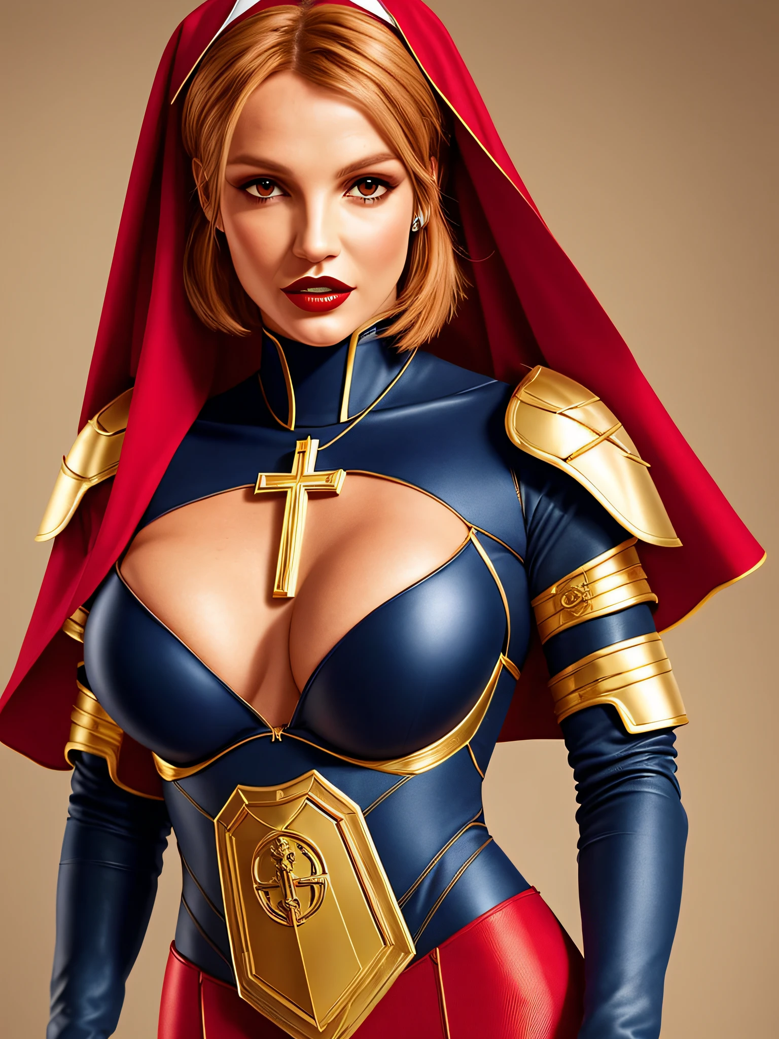 Britney Spears, ginger hair,(stylish bob haircut), (natural big breasts), wearing ((warrior nun), superhero tight suit)1.2, (cleavage with gold plated cross between natural boobs breastplate)1.4, (red lips lipstick), Realistic, perfect lighting, hyper realistic
