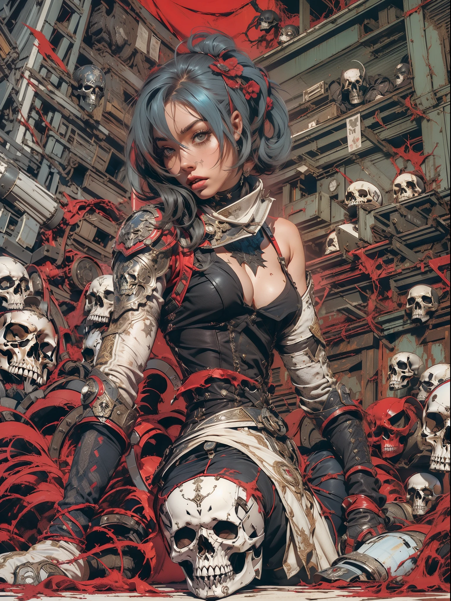 (((mulher))), (((melhor qualidade))), (((obra prima))), (((adulto))), (((1girl))), ((( corte de cabelo bob ))), ((( armadura ))), Uma gladiadora cyberpunk mulher de 25 anos com corpo perfeito, Skull-shaped black metallic pectoral, shoulder pads with metal spines, Gladiadores do Brooklyn, (( corte de cabelo bob )), tiny leather panties, camiseta de time de rugby rasgada, quase nua no estilo selvagem urbano de Simon Bisley para a capa da revista Heavy Metal, Cabelo loiro curto, Minimum clothing, Metal protection on the left arm with intricate graphics, Dark red with white stars and white and navy blue checkerboard pattern, armadura, cheio de pontas e rebites, (((do joelho pra cima))), cabelos loiro branco curto, no fundo uma parede pintada por Shepard Fairey com um design intrincado