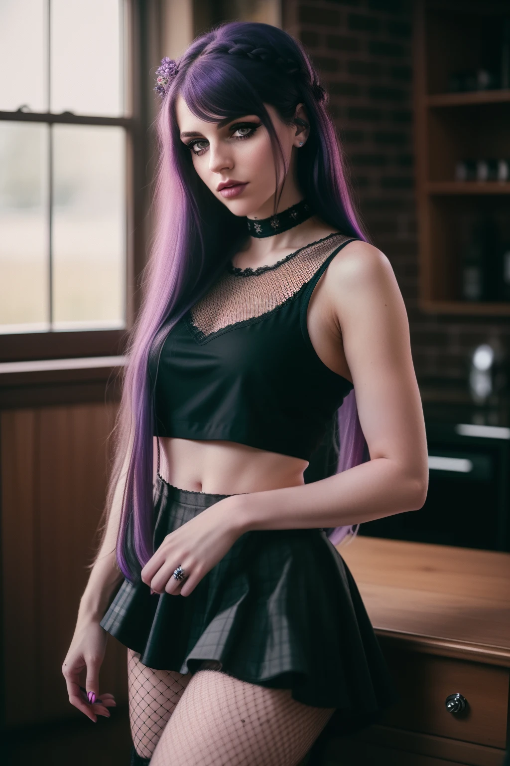 (masterpiece), cinematic film still, modelshoot style, (full body shot) of beautiful woman, (long hair), purple hair, (perfect face), (detailed facial features), (makeup), seductive look, (emo e-girl, goth), (amazing body), (detailed skin), (skin pores), (wearing tank-top and skirt and fishnets), indoors, (detailed background), shallow depth of field, (detailed), photographed on a Kodak box camera,