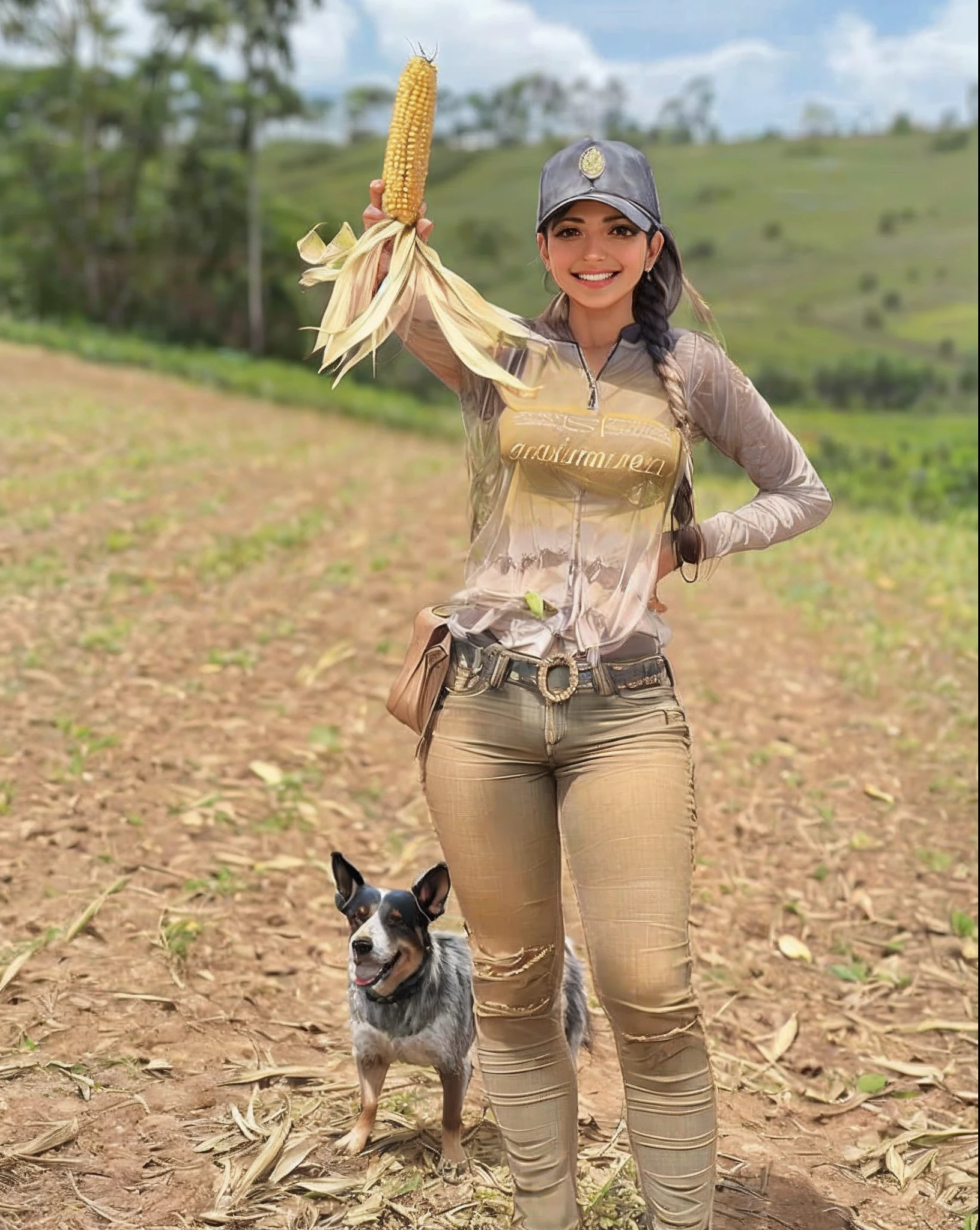 Woman in a field with a dog and an ear of corn, vestindo roupas de fazenda, fernanda suarez, Caroline Gariba, Karla Ortiz, Parece Fabiula Nascimento, Marischa Becker, brasileiro, corpo fitness, agricultor, Malika Favre, julia fuentes