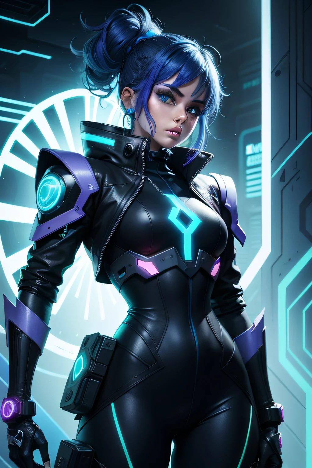 Personagem futurista, estilo cyber punk neon azul