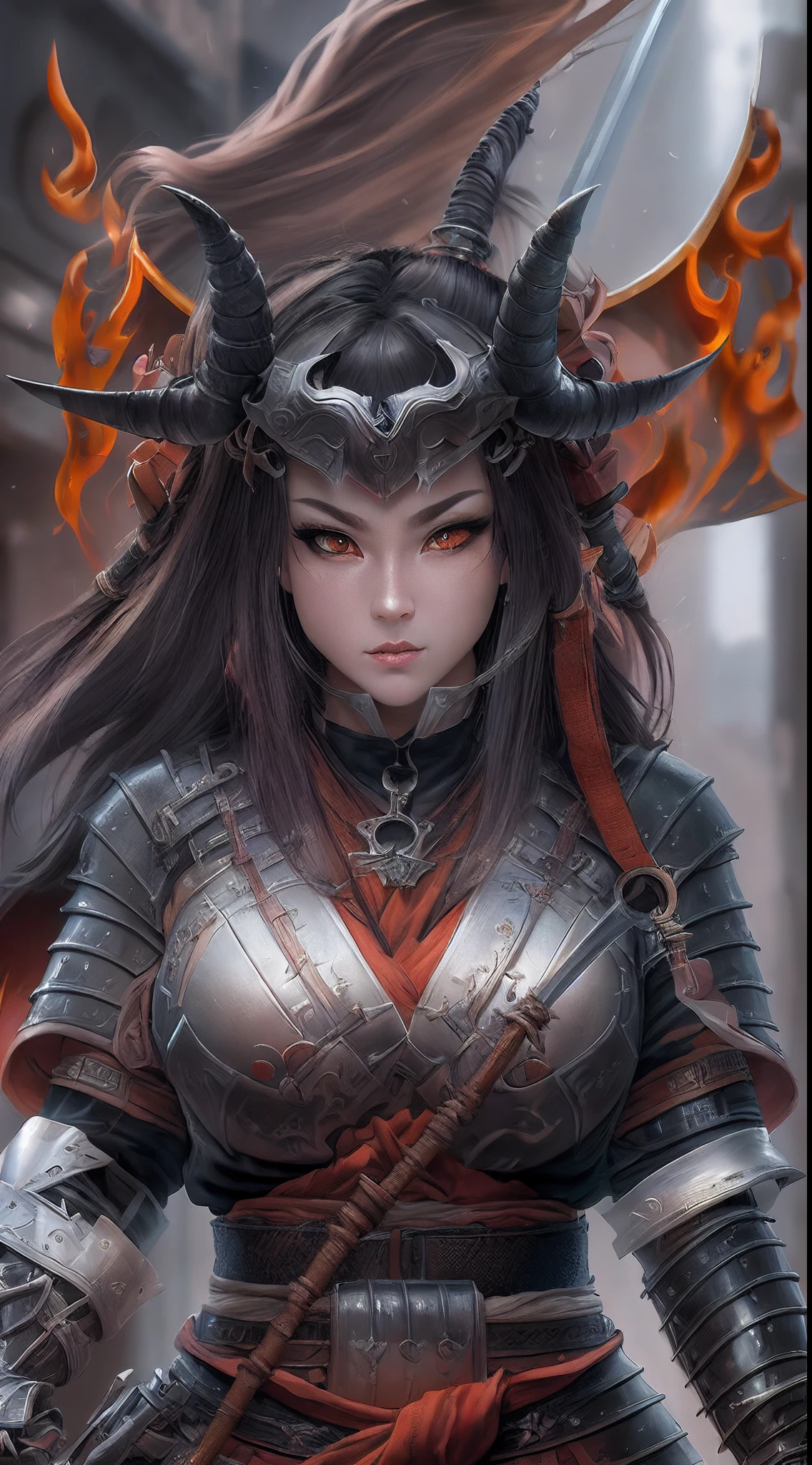 there is a woman samurai fighting a red skinned demon in the streets at night. A Japanese woman samurai, a female warrior, ultra detailed face (best details, Masterpiece, best quality: 1.5), pale skin, long hair, black hair, dynamic eyes color, armed with a katana (best details, Masterpiece, best quality: 1.5), shinning sword (best details, Masterpiece, best quality: 1.3) wearing armor. BREAK [and] a [demon] (best details, Masterpiece, best quality: 1.4), red skinned, black eyes, black mane, bat wings, horns, big horns, armed with a long blade covered in flames, covered in red fire. medieval Japanese street (best details, Masterpiece, best quality: 1.4) background, night time, moon light, street lamp light, Ultra-Wide Angle, high detail, award winning, best quality, HD, 16K, 3D rendering, high details, best quality, highres, ultra wide angle, 3D rendering, [[anatomically correct]]
