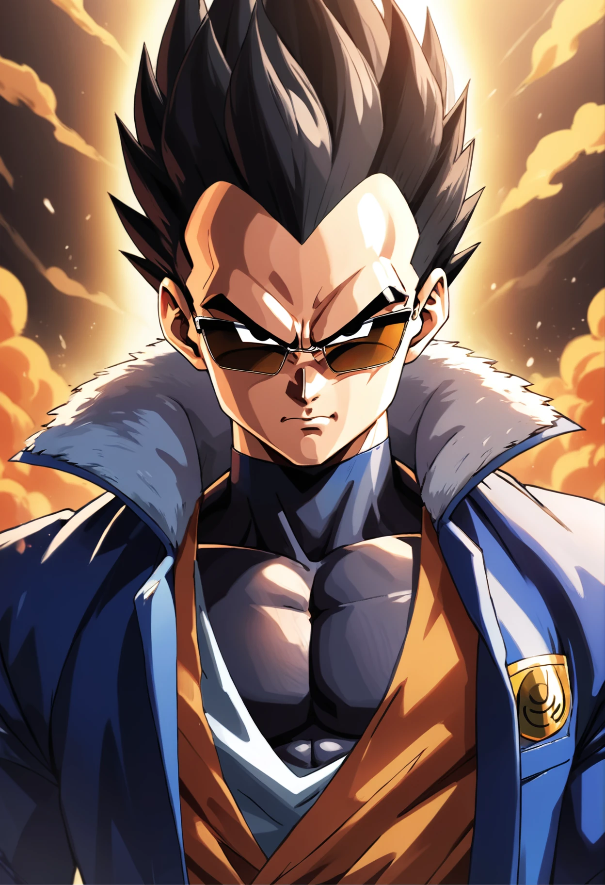"a detailed artwork of Vegeta in an overcoat and black shirt wearing sunglasses on his face with a serious expression, Dragon ball z, 4k, 8k, Full HD, corpo inteiro, Estilo de arte de Dragon Ball, estilo de desenho hiper-realista, arte de anime limpa e detalhada, Dynamic background."