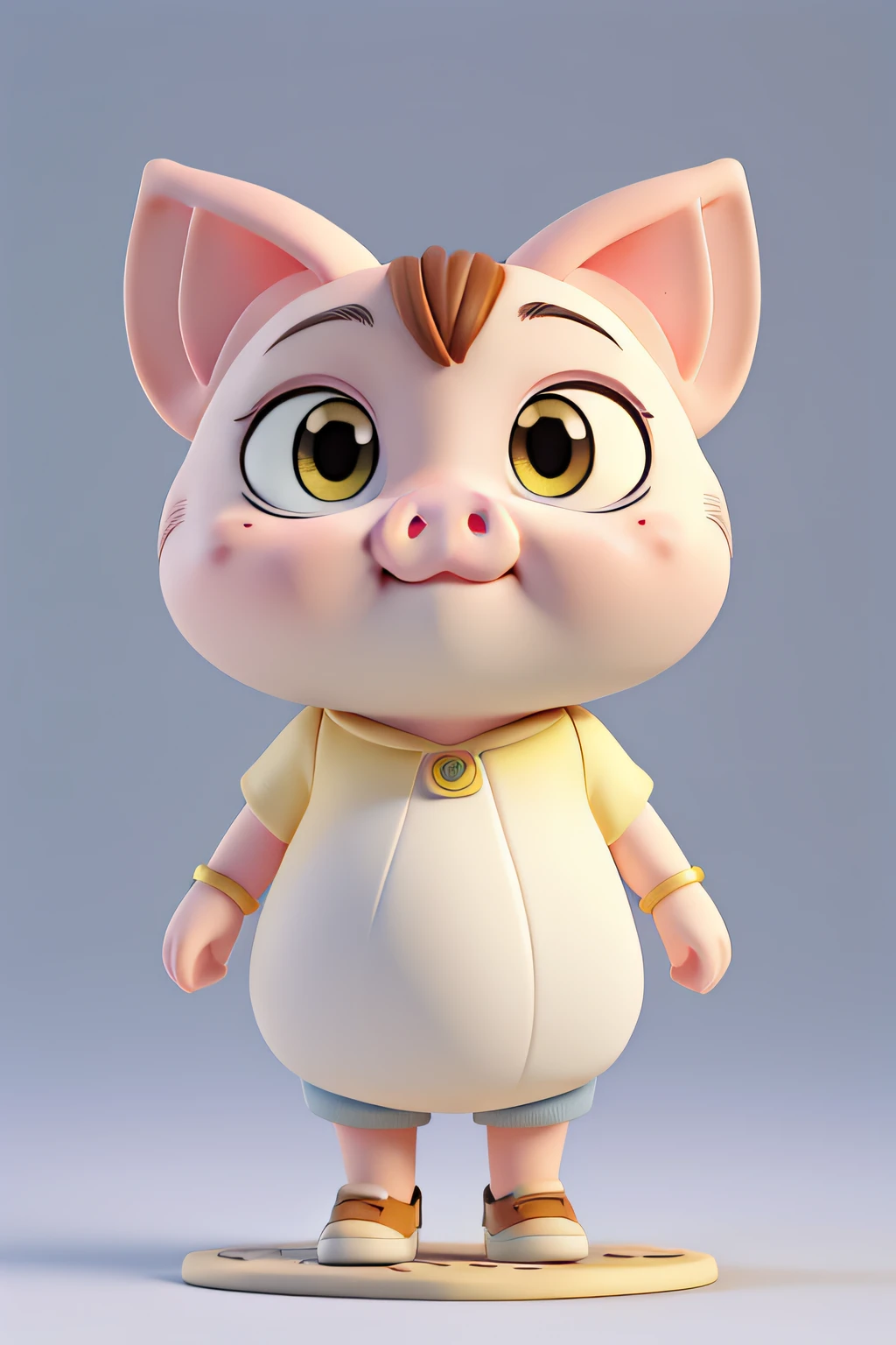 piggy ip 1, Cartoon Cat），（White and yellow shirt），Full Vision，Round eyes，large head and small body;;，White background，natural light，10，master-piece，top-quality，high-res，Clay material，Pixar style, 3d style, C4D, blender，OC Display, Look at the screen