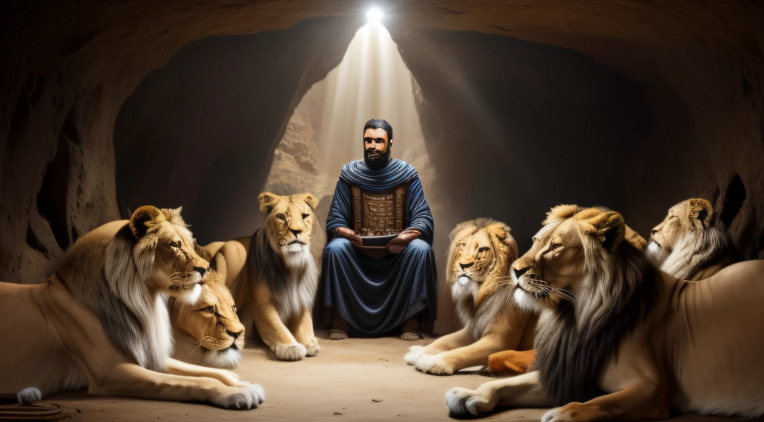 a photo of a man in a cave sitting in front of a group of lions, deus dos gatos, Rei dos Reis, lions, historia de fundo: Cave with lions, epic biblical representation, Senhor das Bestas, Deus olhando para mim, Directed by: Howard Lyon, Senhor da Selva, bible illustration, biblical image, Directed by: Leonardo Longo, Rei da selva, prophetic art