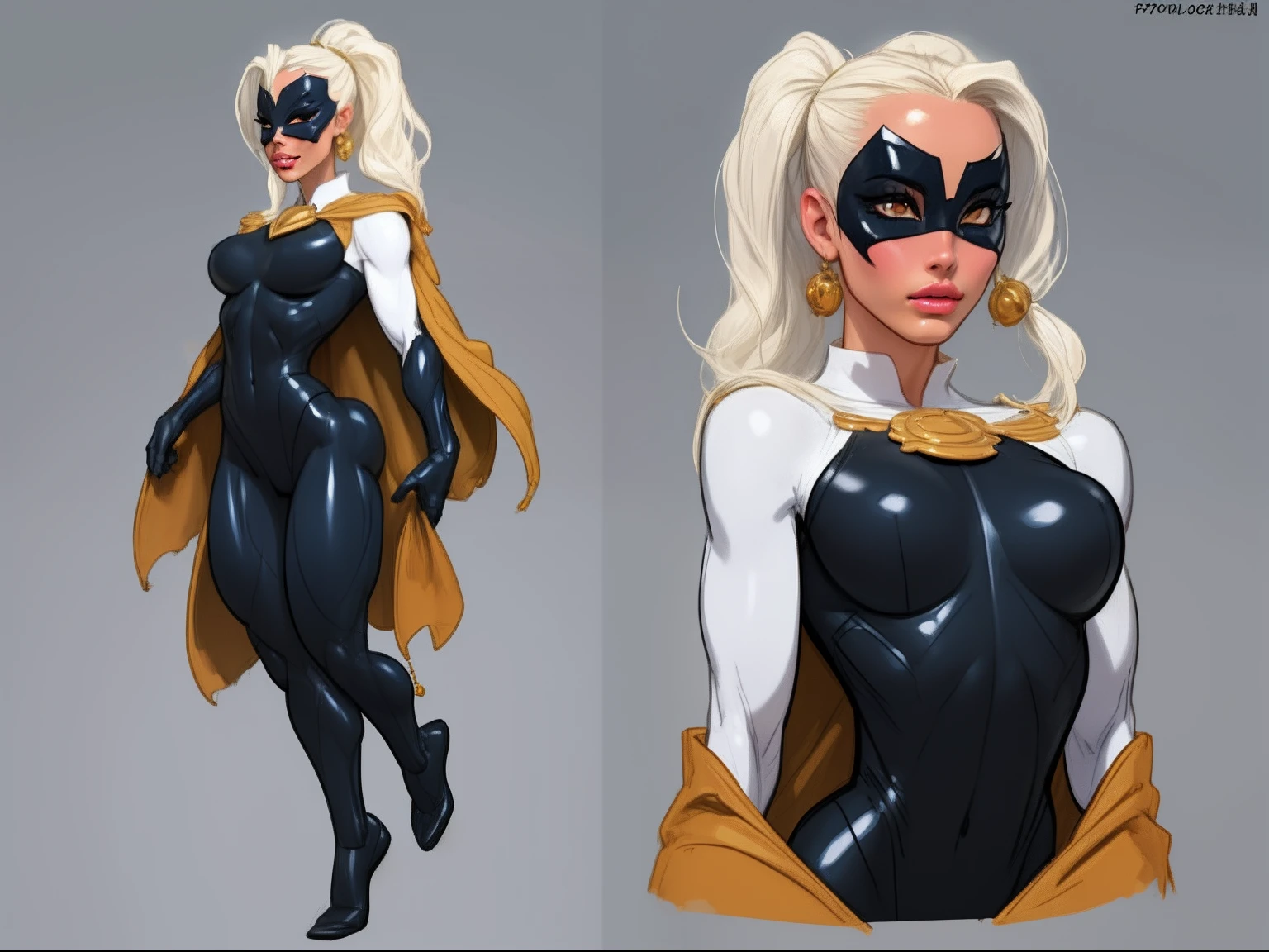 ((masterpiece)),(((best quality))),((character design sheet)), ((full body view)) illustration,1girl, muscular, ((white bodysuit:1.5)), (masked face:1.4) (black mask:1.4) superhero, (black ponytail:1.4), (puffy lips:1.6) (black cape:1.4) beautiful woman, (small breasts:1.3)(black legs:1.3)shiny skin, (gold emblem on chest:1.2),scribbles and marks, rough sketches, pose, 8k,16k, (simple background, white background: 1.3)