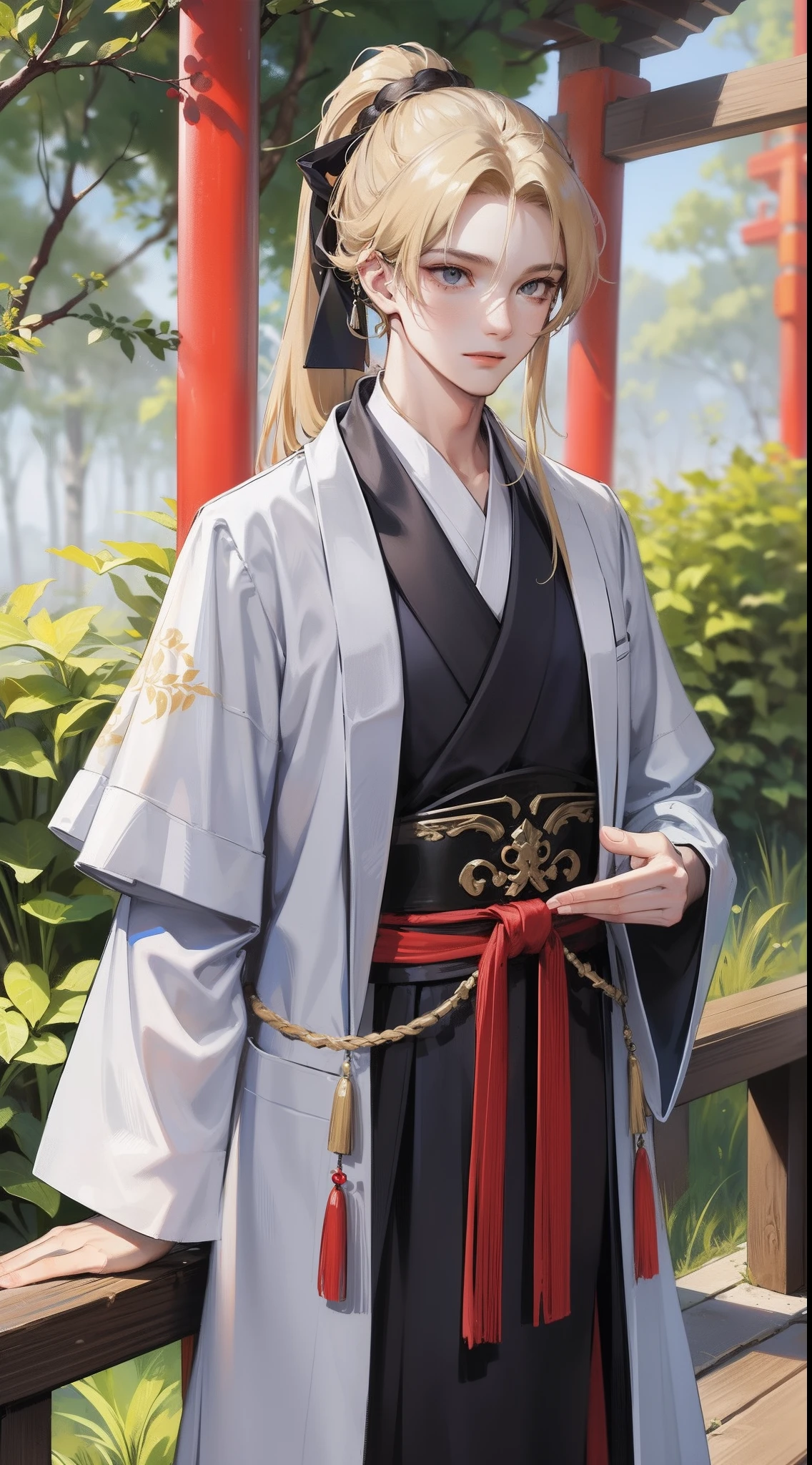 tmasterpiece,hyper HD,acurate,Need,The is very detailed,A man,ssmile,China-style,Chinese Ancient Times,brunette color hair,Gray-blue eyes,bifurcation,long whitr hair,with long bangs,High ponytail,Blonde crown,Handsome,virile,gentleness,large tall,A tranquil,long white robe,exteriors,bamboo forrest,tree branch,Wind Comfort, Young men,The expression is steady