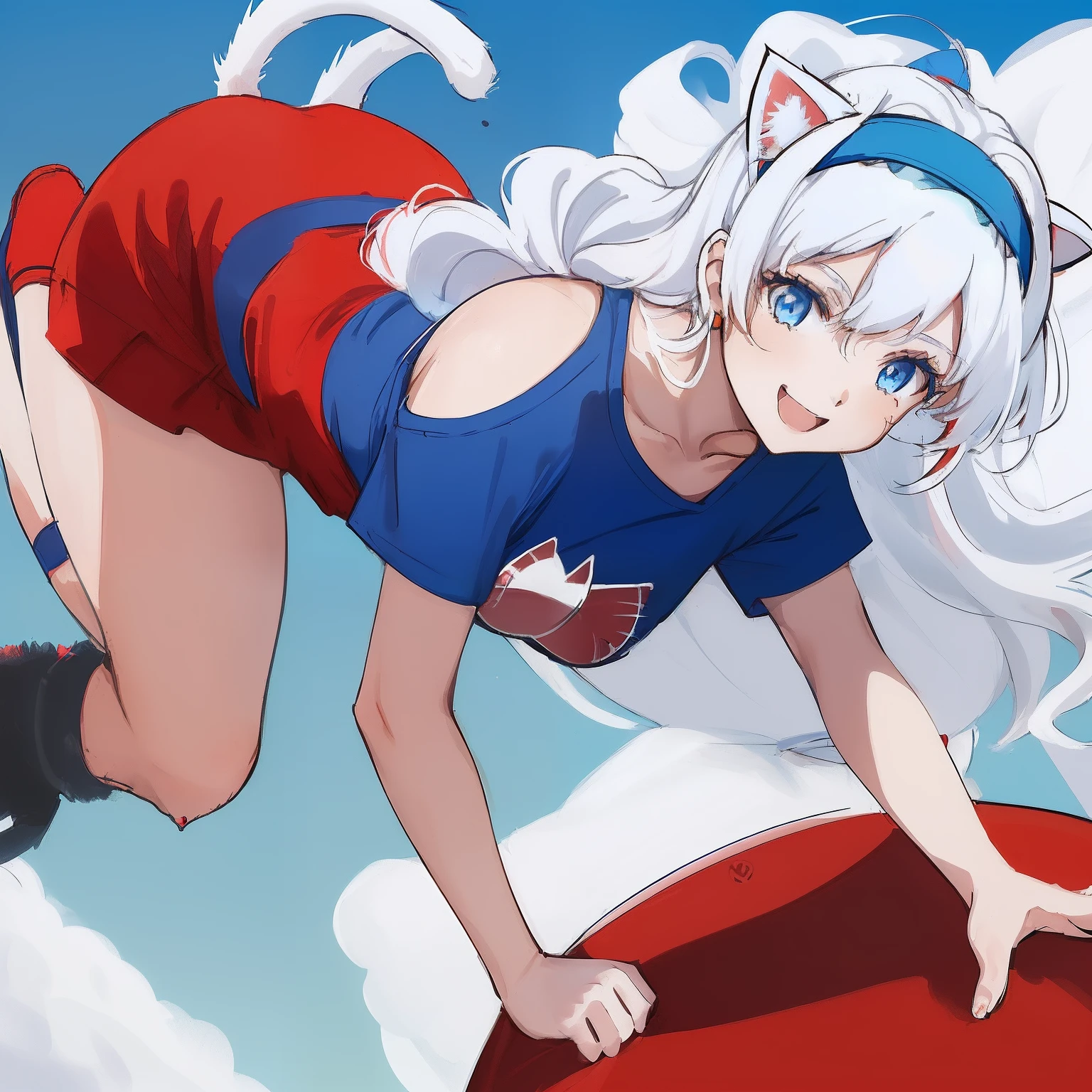 ((((1 woman)))), fullbody, ((((cat logo tee)))), red tee, ((((drop shoulder tee)))), tutu skirt, ((((white hair)))), ((((blue eyes)))), long hair, happy, smile, 18 year old, dynamic angle, ((((blue hairband)))), red necklace, beautiful detailed sky