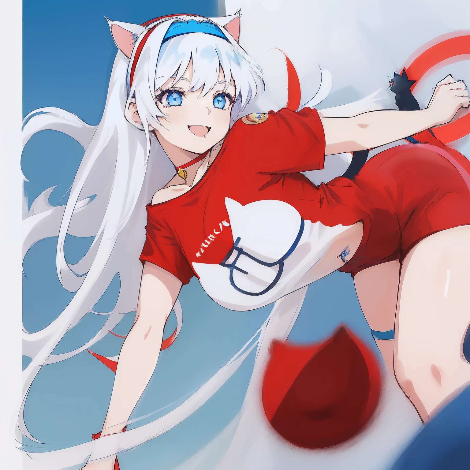 ((((1 woman)))), fullbody, ((((cat logo tee)))), red tee, ((((drop shoulder tee)))), tutu skirt, ((((white hair)))), ((((blue eyes)))), long hair, happy, smile, 18 year old, dynamic angle, ((((blue hairband)))), red necklace, beautiful detailed sky