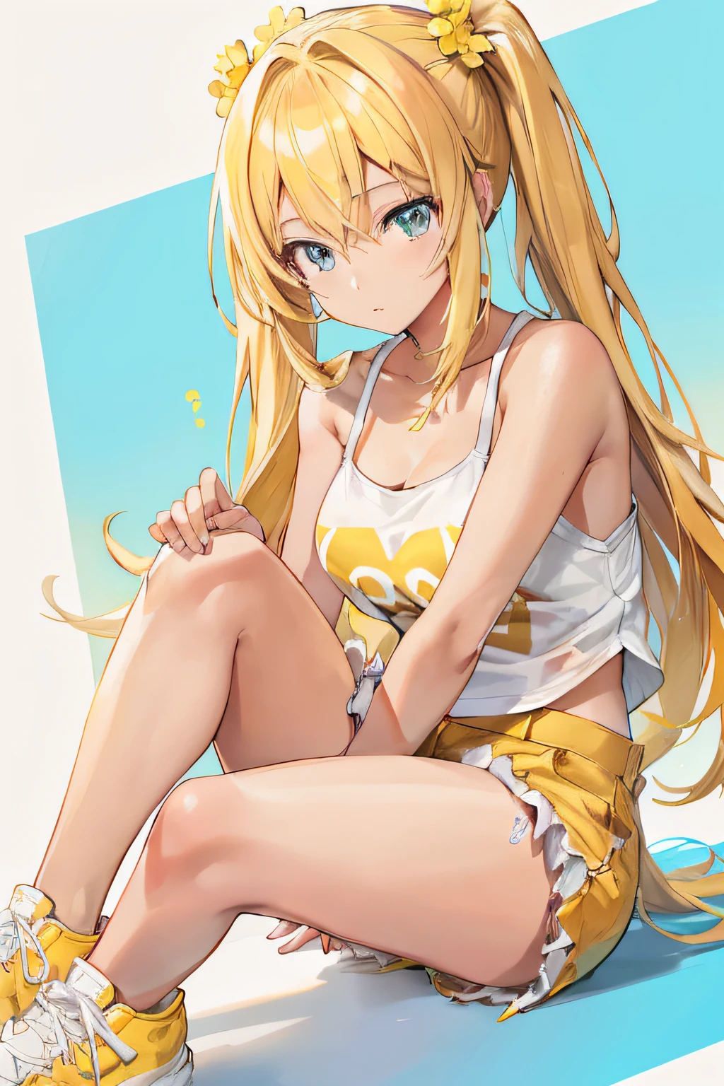 anime girl sitting on the ground with her legs crossed, blonde anime girl with long hair, pretty anime girl, cute anime girl, beautiful anime girl, splash art anime loli, seductive anime girl, anime girl, top rated on pixiv, attractive anime girl, pixiv, clean detailed anime art, digital art on pixiv, (anime girl)