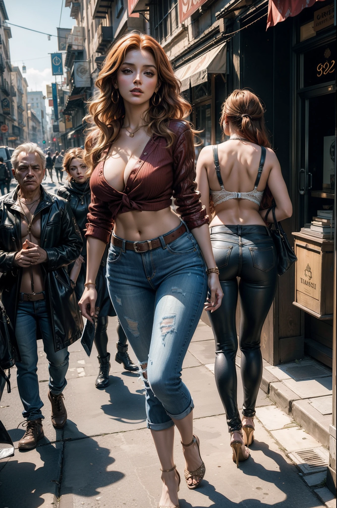 ((8K, Masterpiece)) NSFW, Arrafi woman, Big breasts, In her shorts, Very short jeans fit against her broad and sexy hips, Face the camera with her ass, With his back to the camera, Show her ass to the camera, Wear a well-fitting and unbuttoned red shirt，The neckline is deep, Sharpen the face, Sharpen the picture, Enhance the sharpness of edges in a picture, Enhance the color of the picture, A gorgeous 30-year-old woman，A golden wavy hair, Walk the city streets confidently and seductively, In the sunny sun, Inspired by Dali, High quality detailed art in 8K, author：Dali, 8 k sensual lighting, triss merigold cosplay, stunning cgsociety, Deviantart ArtStation CGSCOSIETY, pinup art, [ trending on CGSociety ]!!