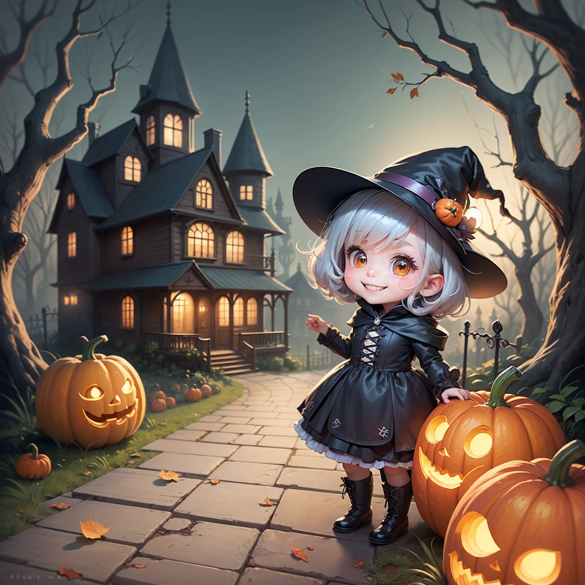 cover image for a book where there is a cute little kawaii witch, cartoon style, with a haunted house, some smiling pumpkins and all in a cartoon style, wide image --auto --s2