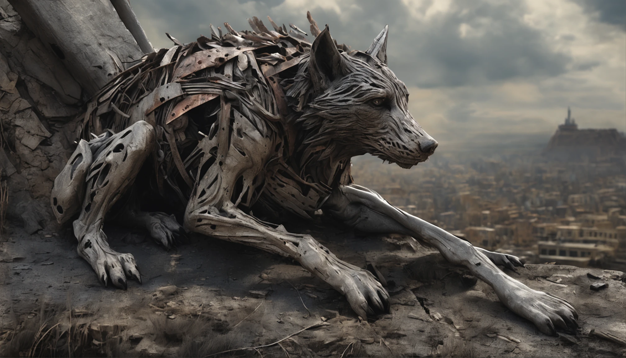 extreme detail, 8k, ultra quality, masterpiece, illustration, photorealistic, hyper realistic, intricate sharp details, dramatic lighting, oil painting, detailed eyes, detailed face, the world is bleak and desolate as a wolf stares off into the ruins of an apocalyptic city that remained undisturbed for centuries, overgrown and crumbling, three fingers, steel and rusted structures