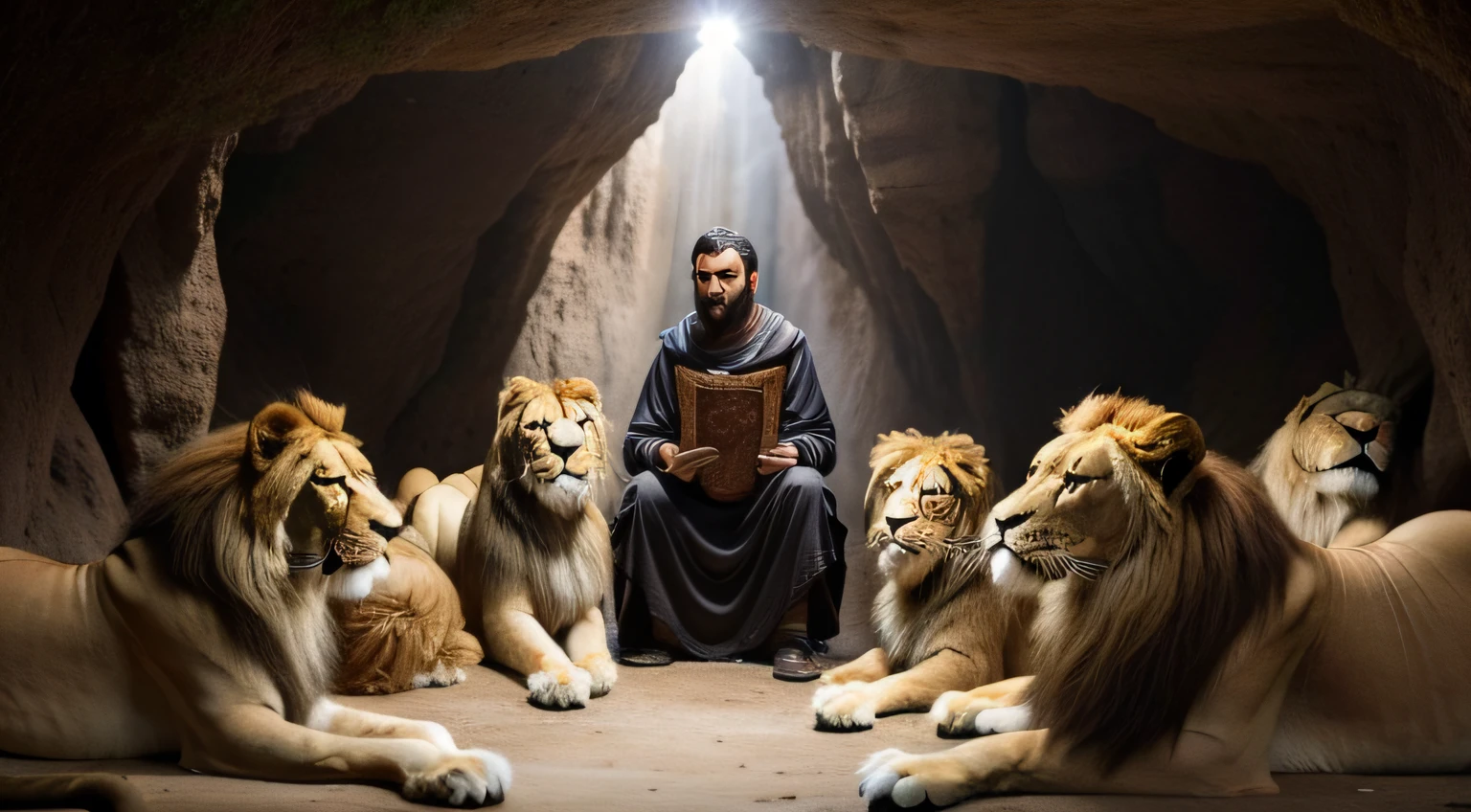 a photo of a man in a cave sitting in front of a group of lions, deus dos gatos, Rei dos Reis, lions, historia de fundo: Cave with lions, epic biblical representation, Senhor das Bestas, Deus olhando para mim, Directed by: Howard Lyon, Senhor da Selva, bible illustration, biblical image, Directed by: Leonardo Longo, Rei da selva, prophetic art