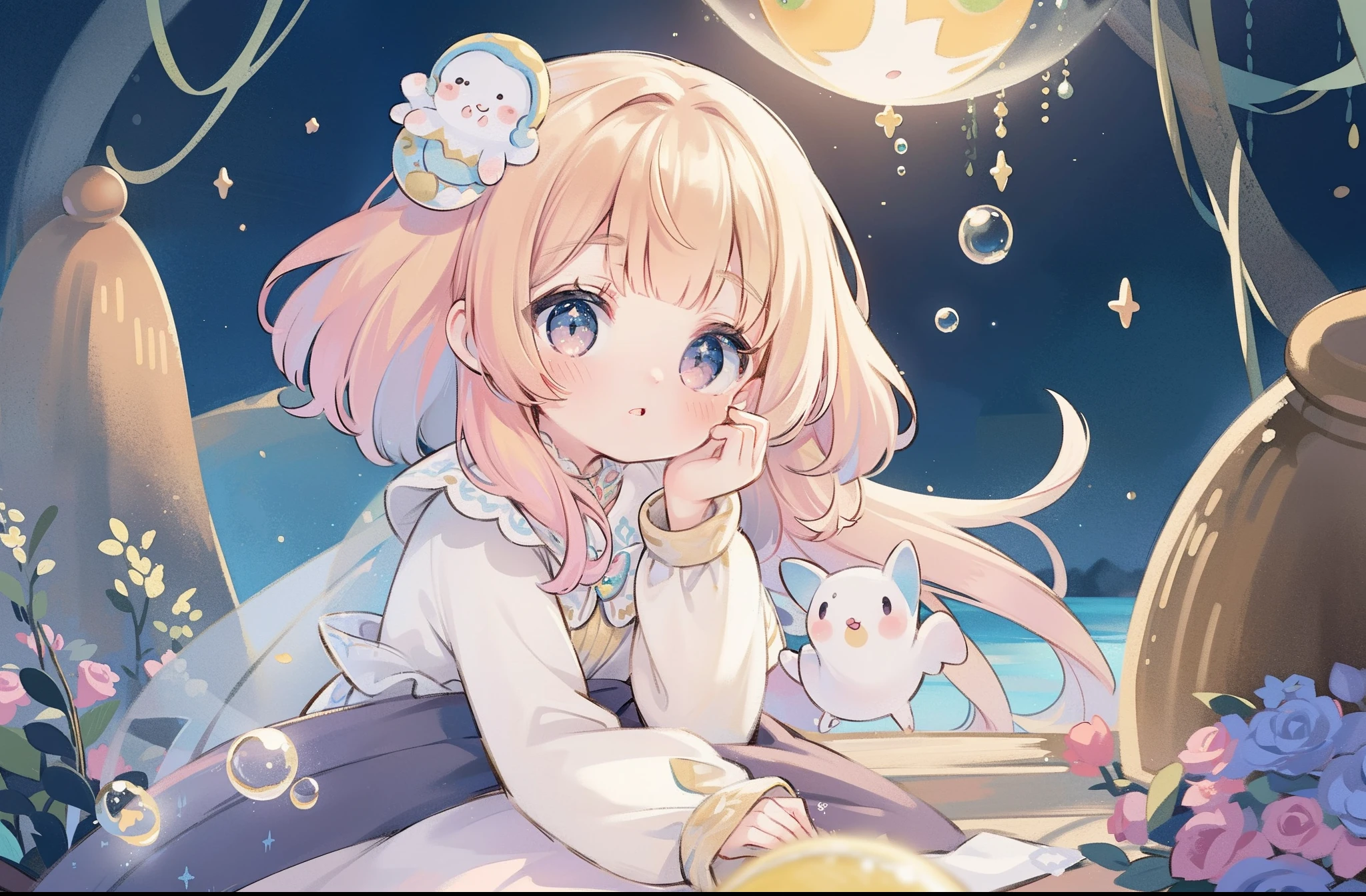 masterpiece, best quality, 8k resolution, sharp focus, intricate detail, beautiful girl, sparkling eyes, golden ratio face, otherworldly liquid, watercolor, muted colors, bright colors, whimsical, colorful, sharp focus, high resolution, fine detail, ((layered tiered puffy long sleeves ballgown)), ((round eyes)), iridescent bubbles, fantasia background