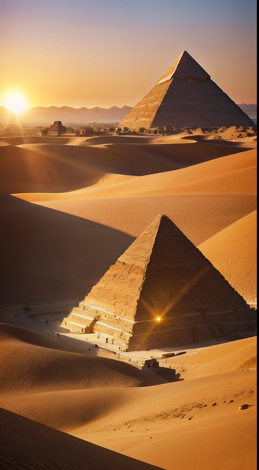 A mesmerizing view of the Great Pyramid of Giza, standing tall against the backdrop of a golden sunset. The pyramid's limestone blocks are bathed in the warm hues of the setting sun, while the silhouette of a lone camel and its rider add a touch of life to the scene. Medium: Photography. Style: Photo hyper-realism, reminiscent of the works of renowned landscape photographers like Yann Arthus-Bertrand. Lighting: Soft, diffused sunlight of the golden hour, casting a warm glow on the pyramid and creating a serene atmosphere. Colors: A palette dominated by the golden hues of the sunset, contrasted with the earthy tones of the pyramid and the desert.