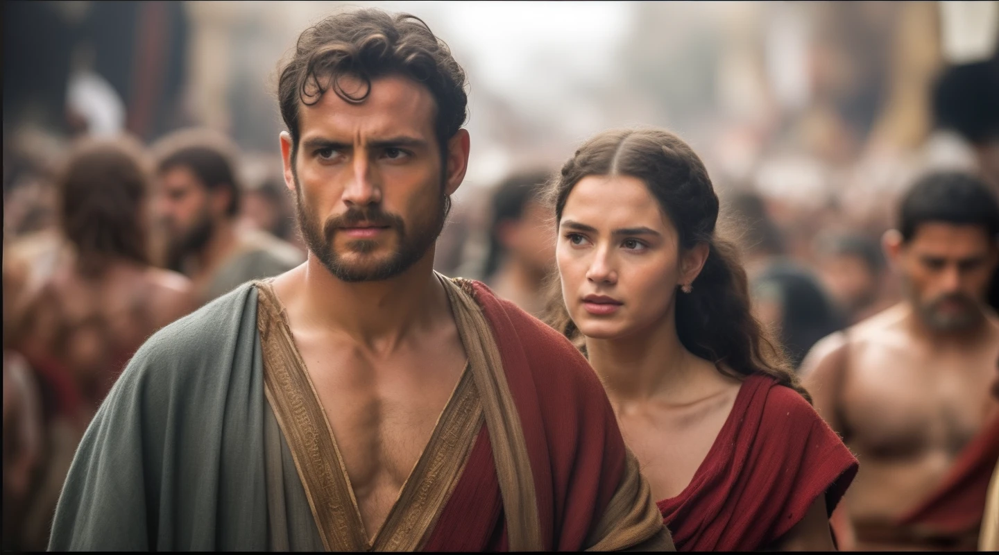a man and a woman walking through a crowd of people, biblical epic movie, vestidos com roupas gregas azuis, 8 k filme ainda, movie poster of the punic wars, Homem de Grecia Antiga, na captura de tela do filme 300, Mercado em Roma Antiga.
