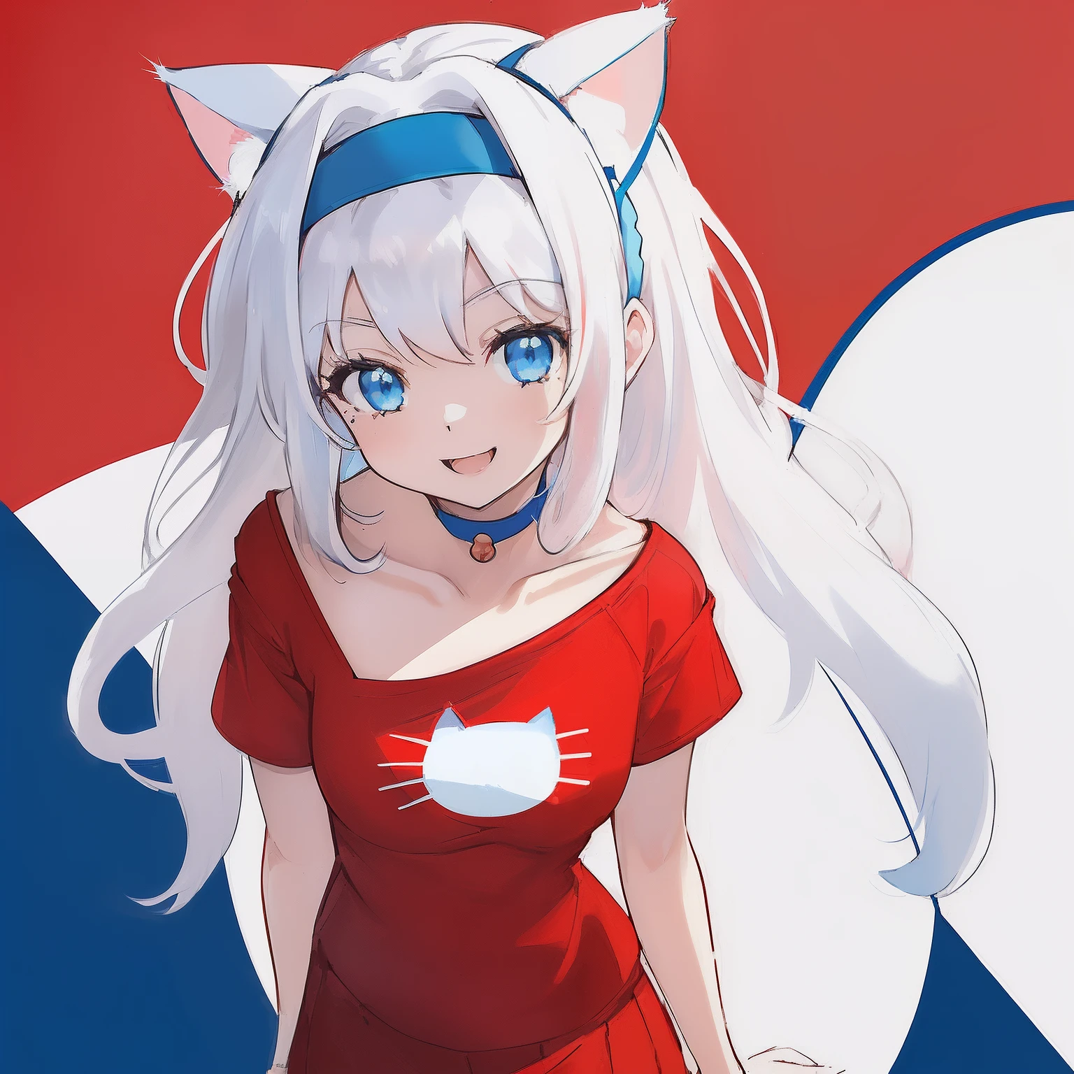 ((((1 woman)))), fullbody, ((((cat logo tee)))), red tee, ((((drop shoulder tee)))), red necklace, white tutu skirt, ((((white hair)))), ((((blue eyes)))), long hair, happy, smile, 18 year old, dynamic angle, ((((blue hairband)))), beautiful detailed sky