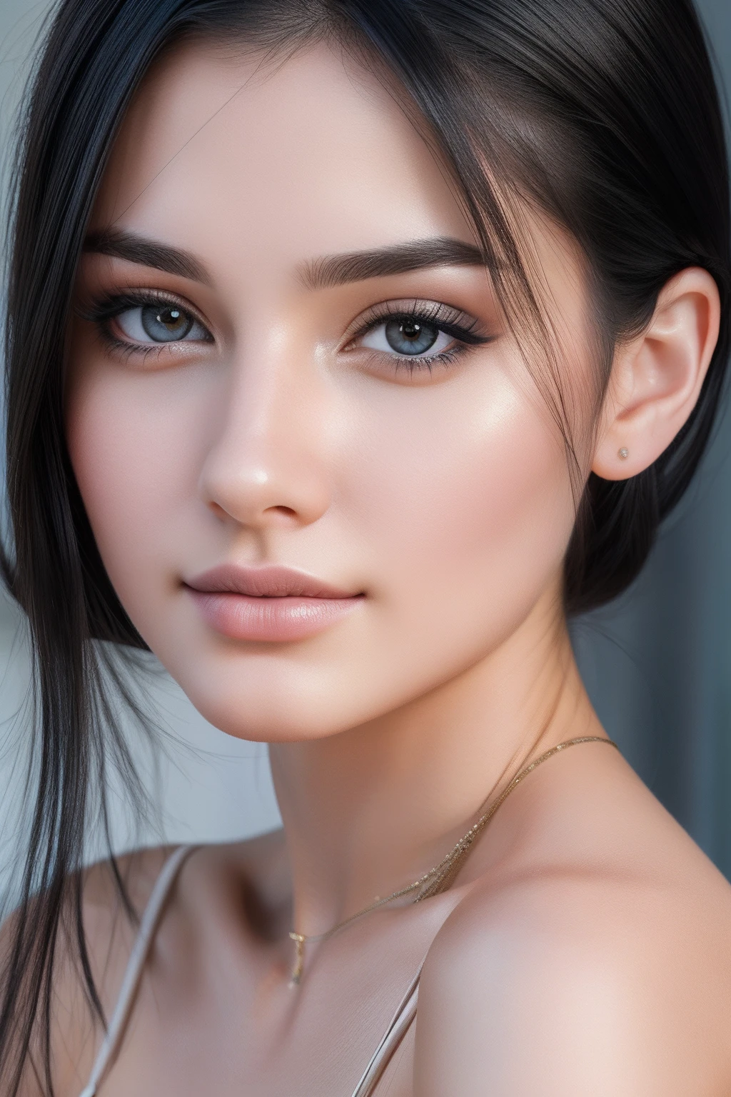 25 years old girl portrait black hair, russian, beautiful face, perfect face, ultra realistic, front view, photo realistic