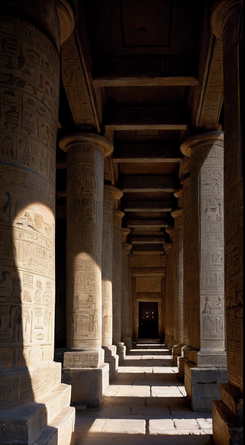 An awe-inspiring scene inside an ancient Egyptian temple, where colossal statues of gods and pharaohs loom large. The intricate hieroglyphs on the walls tell tales of a civilization long past. Medium: Photography. Style: Ultra-detailed, drawing inspiration from the historical photography of Steve McCurry. Lighting: Ambient, with the soft glow from strategically placed artificial lights illuminating the statues and hieroglyphs. Colors: A rich palette of earthy browns and golds, punctuated by the muted tones of the ancient stone.