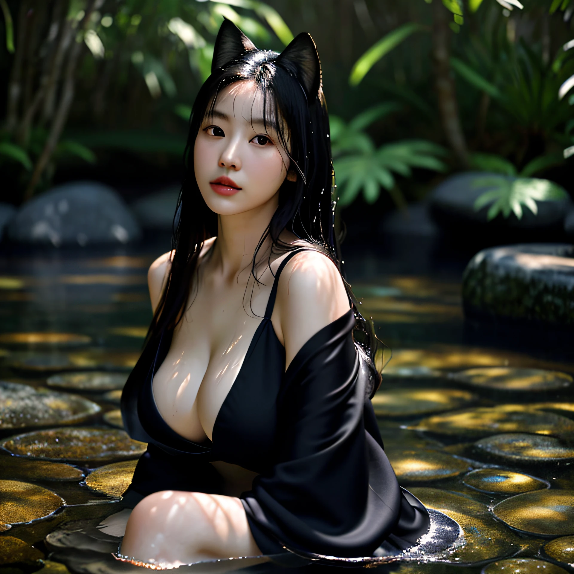 Top Quality, Masterpiece, Ultra High Resolution, (Photorealistic: 1.4), Sukesuke, Glass, Japanese Gravure Idol, Big, Cleavage, Accentuate Breasts, Heavy Breasts, Realistic Long Hair, Black Hair, Black Eyes, Double Eyelids, Beautiful Skin, Wet Skin, (Realistic Moist Skin: 1.6), Realistic Shadows, Photon Mapping, Physical Rendering, open black kimono, sitting in water, deep cleavage, fox ears, erotic