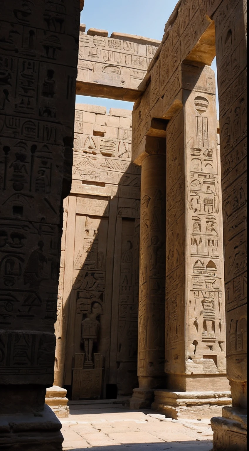An awe-inspiring scene inside an ancient Egyptian temple, where colossal statues of gods and pharaohs loom large. The intricate hieroglyphs on the walls tell tales of a civilization long past. Medium: Photography. Style: Ultra-detailed, drawing inspiration from the historical photography of Steve McCurry. Lighting: Ambient, with the soft glow from strategically placed artificial lights illuminating the statues and hieroglyphs. Colors: A rich palette of earthy browns and golds, punctuated by the muted tones of the ancient stone.