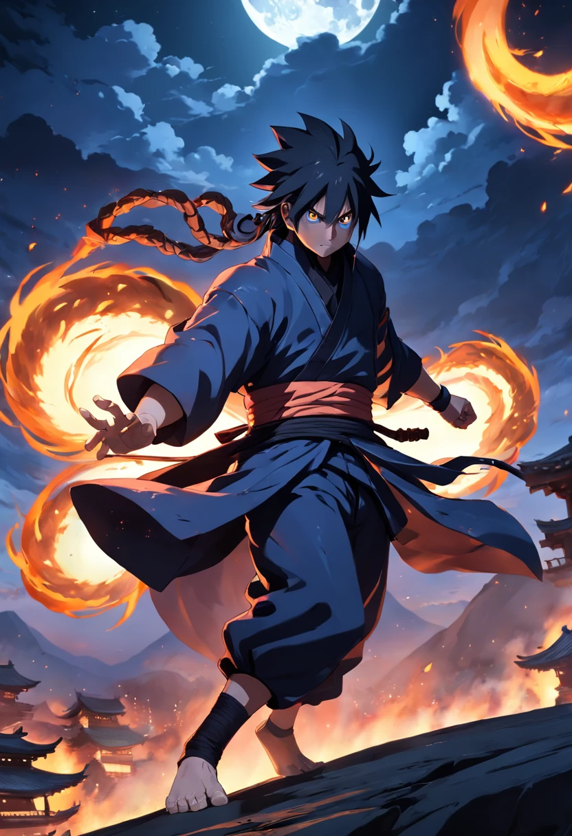 8k, detailed, wallpaper, ((japanese village, night:1.2)), detailed skin, dynamic pose, ninja clothes, madara uchiha from naruto, combat pose, susanoo, using fire powers, ((full moon:1.2)),