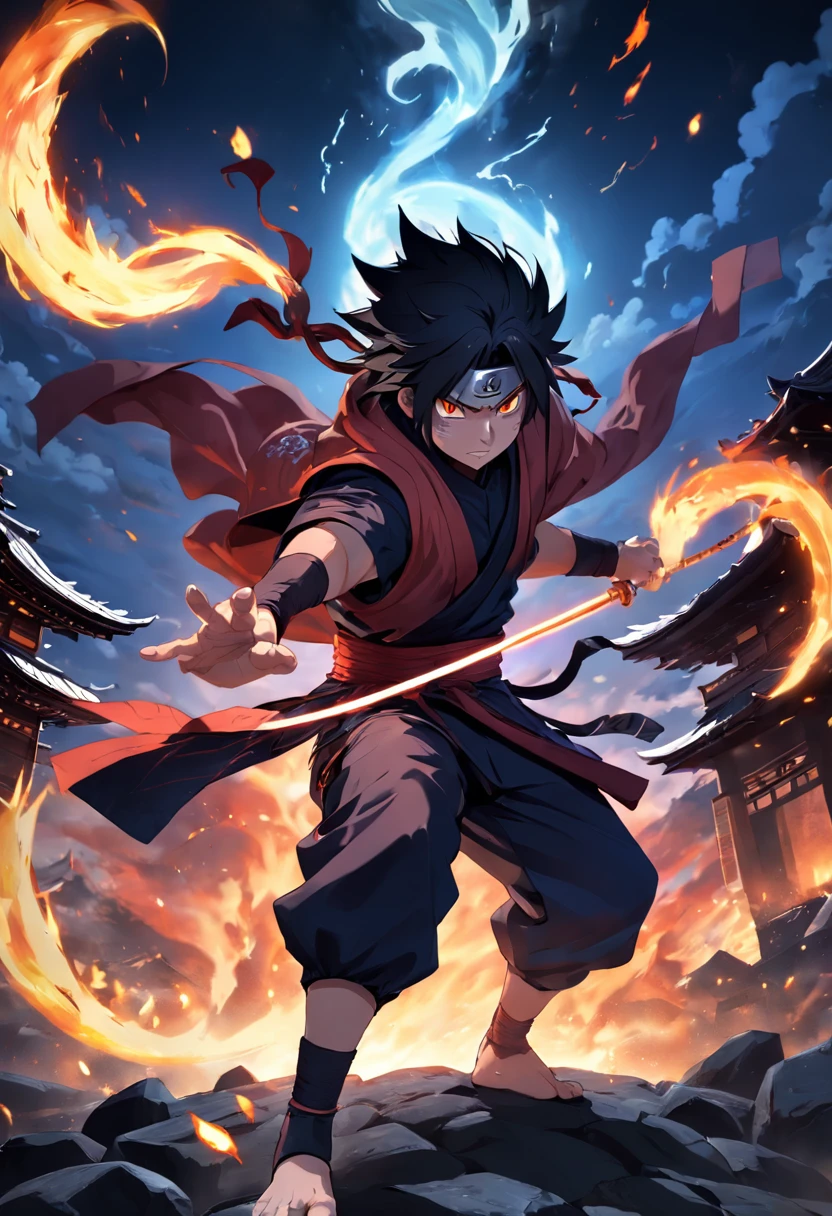 8k, detailed, wallpaper, ((japanese village, night:1.2)), detailed skin, dynamic pose, ninja clothes, madara uchiha from naruto, combat pose, susanoo, using fire powers, ((full moon:1.2)),