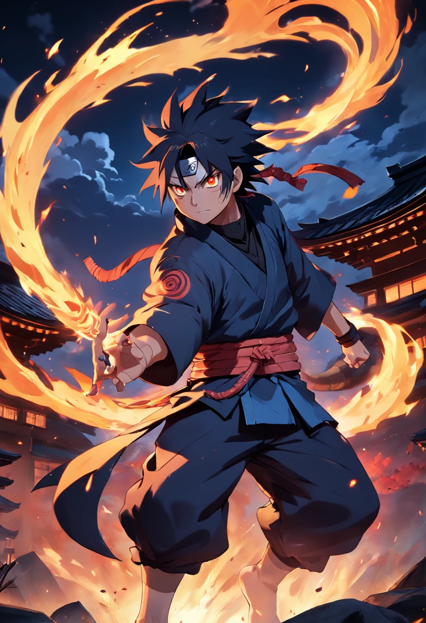 8k, detailed, wallpaper, ((japanese village, night:1.2)), detailed skin, dynamic pose, ninja clothes, madara uchiha from naruto, combat pose, susanoo, using fire powers, ((full moon:1.2)),
