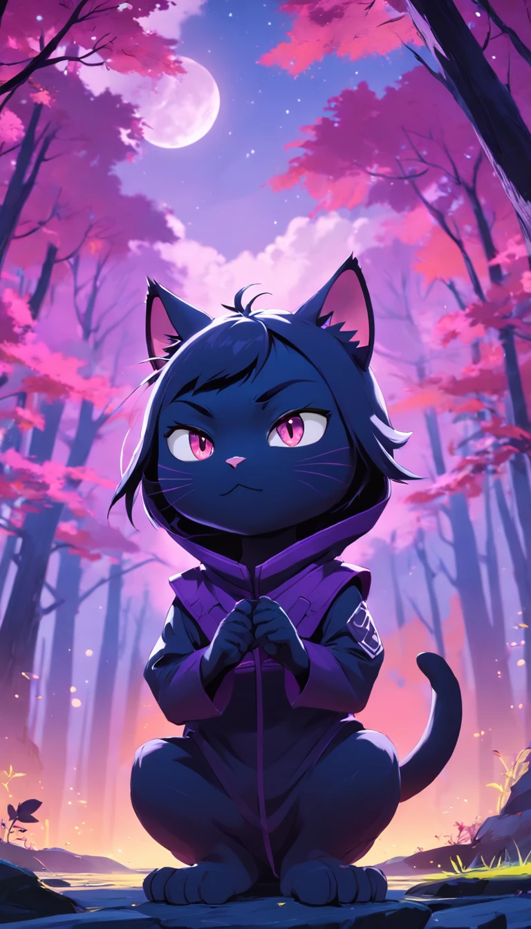 Create a vibrant dark fantasy cute ninja cat in a clean-lined minimalistic cartoon style, in the background a beautiful forest and a bright purple moon, octane render, 8k