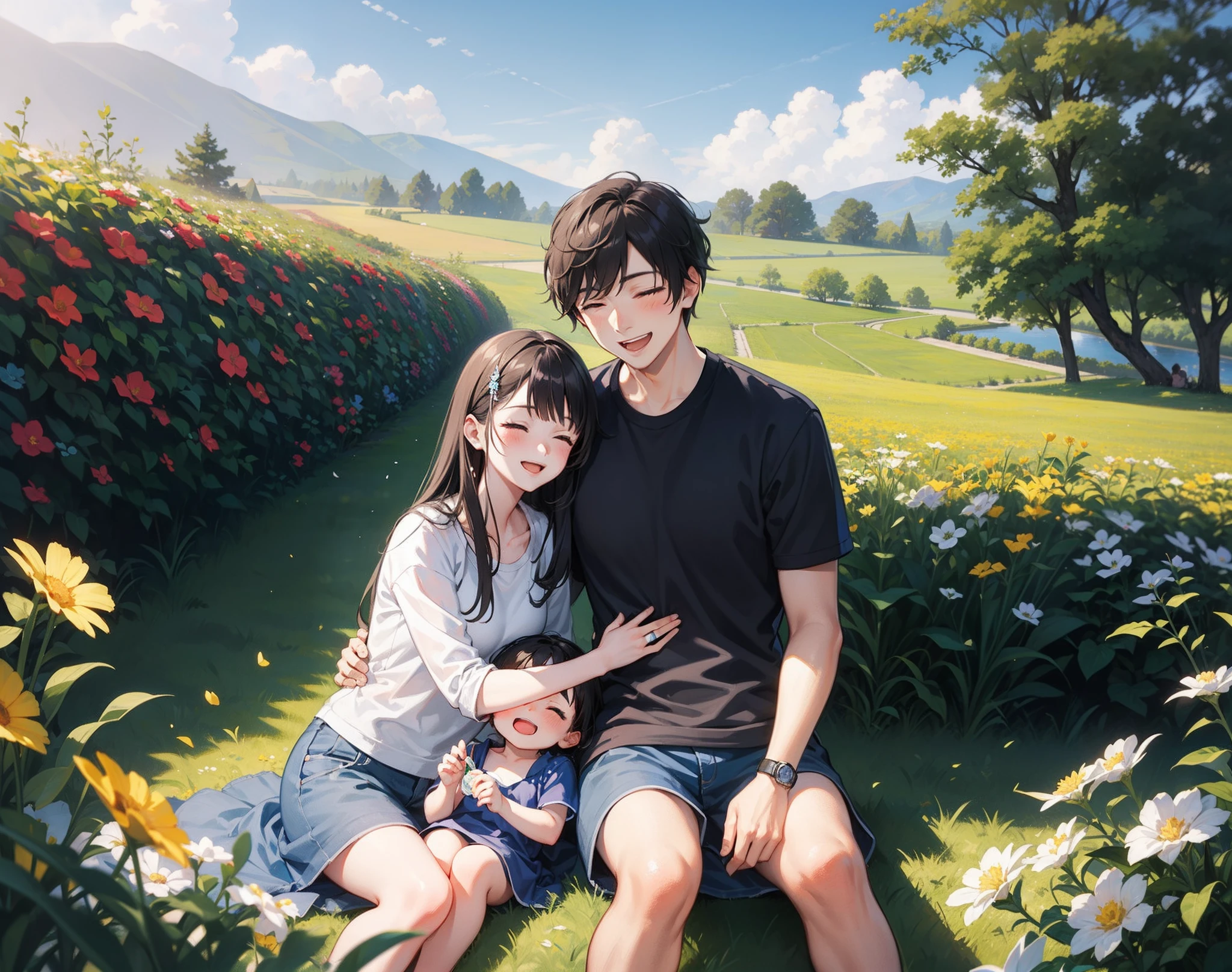 couple, 1girl, 1boy, the boy sleep on the girl's lap, smile, laugh, romantic atmosphere, behind the flower, flower field, blue sky, landscape