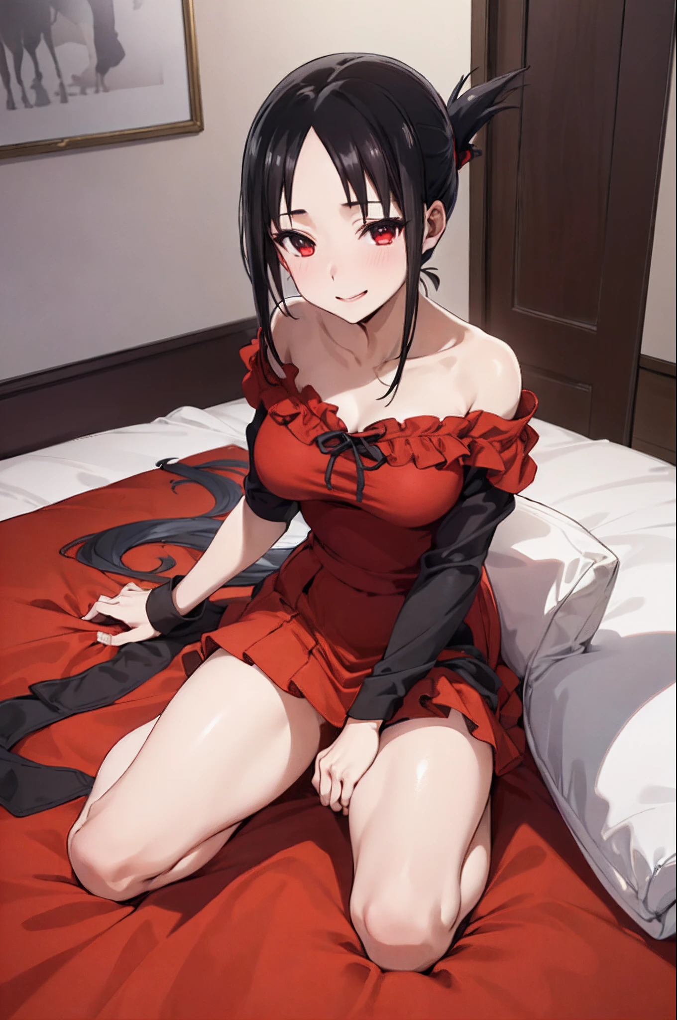 ((mastepiece)), ((Best Quality)), (Ultra-detailed), ((Extremely detailed)), 4K, (8K), Best Quality, Shinomiya Kaguya, smile, black hair, red eyes, rabo de cavalo dobrado, fita de cabelo, roupas elegantes, Red ribbon, medium breasts, ((parte superior do corpo)), Anime style, Full body, 1girl , Beautiful black hair, black eyes