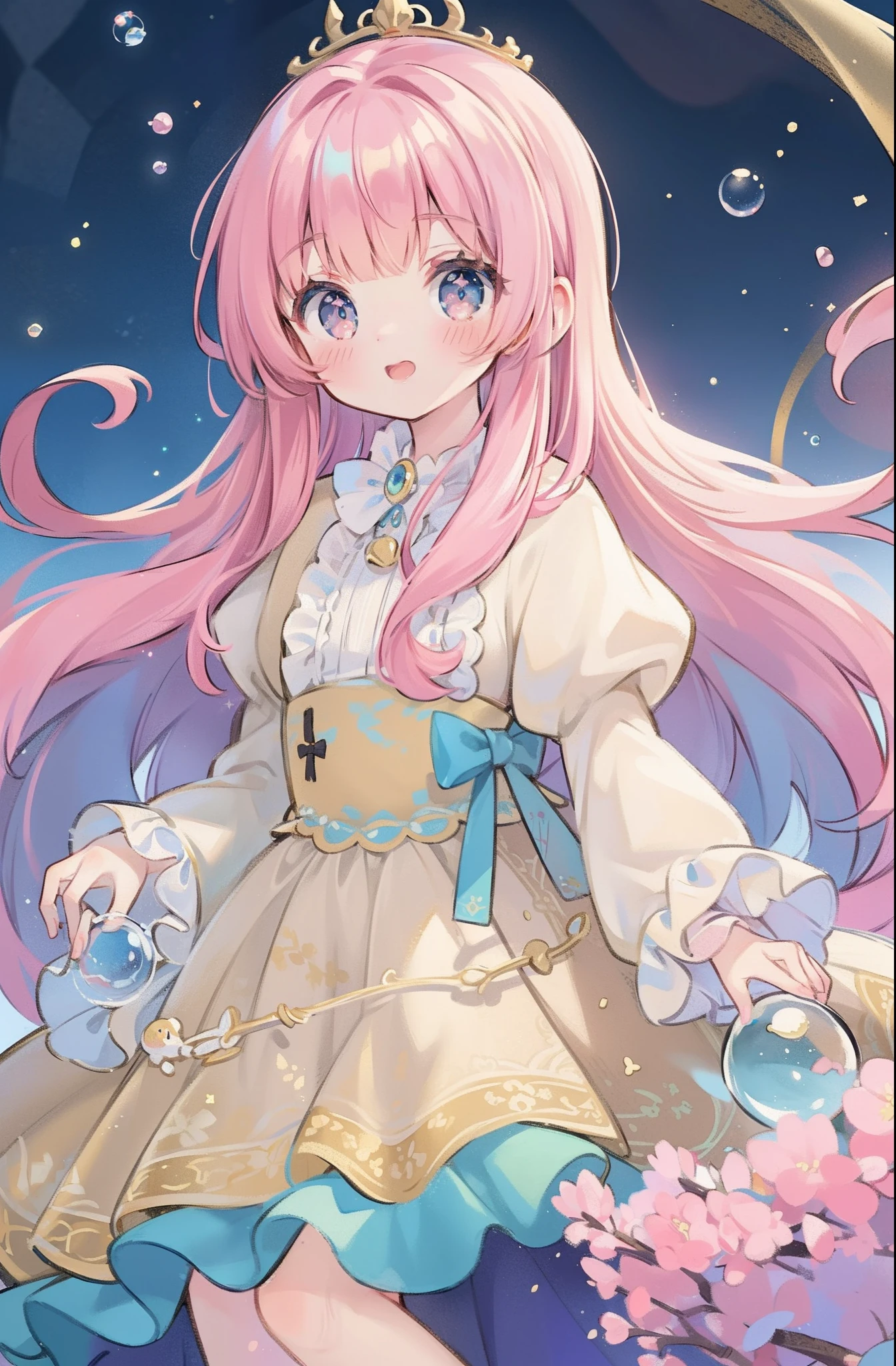 masterpiece, best quality, 8k resolution, sharp focus, intricate detail, beautiful girl, sparkling eyes, golden ratio face, otherworldly liquid, watercolor, warm colors, bright colors, whimsical, colorful, sharp focus, high resolution, fine detail, ((layered tiered puffy long sleeves ballgown)), ((round eyes)), iridescent bubbles, fantasia background