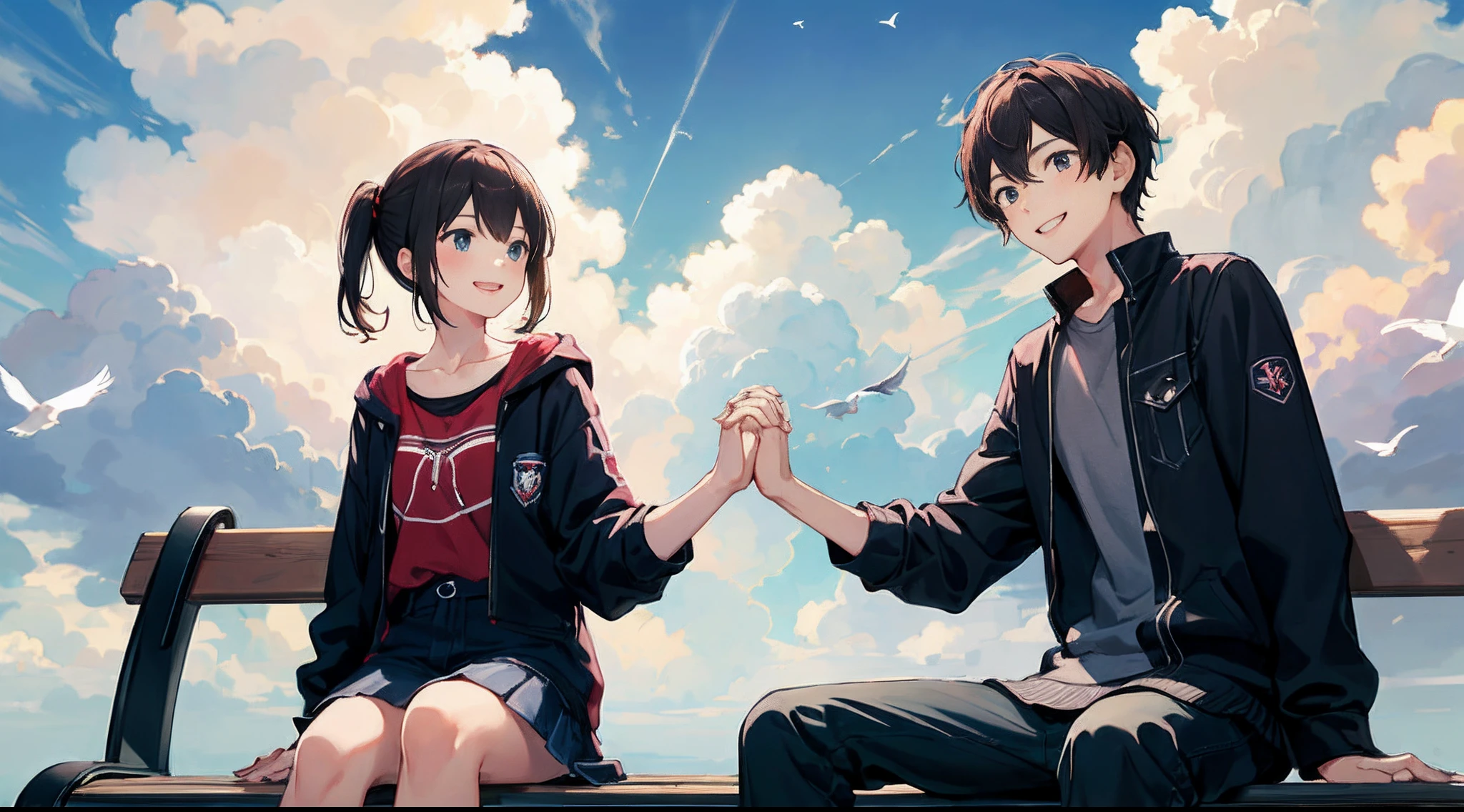 (masterpiece:1.3), best quality, official art, 1girl, 1boy, (cute:1.3), sitting on a park bench, (holding hands), smiling, blushing, (bright), (:D:0.6), sun light, cumulonimbus clouds, birds