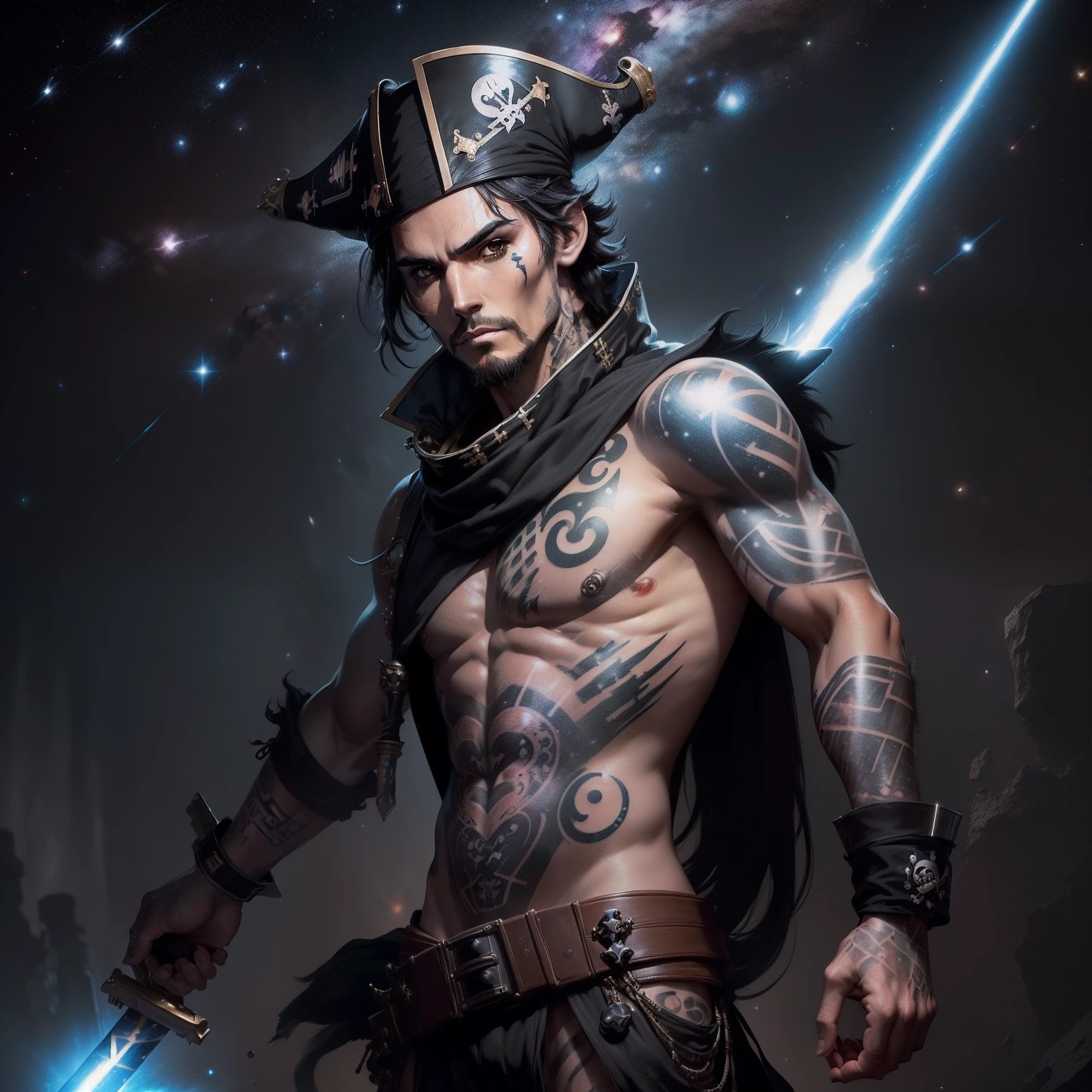 (((Space Theme))) (((Space Pirate))) (((Solo))) (((naked upper body))) (((black haired man))) (((pirate hat))) (((technological saber sword))) (((full body))) (((tattoo)))