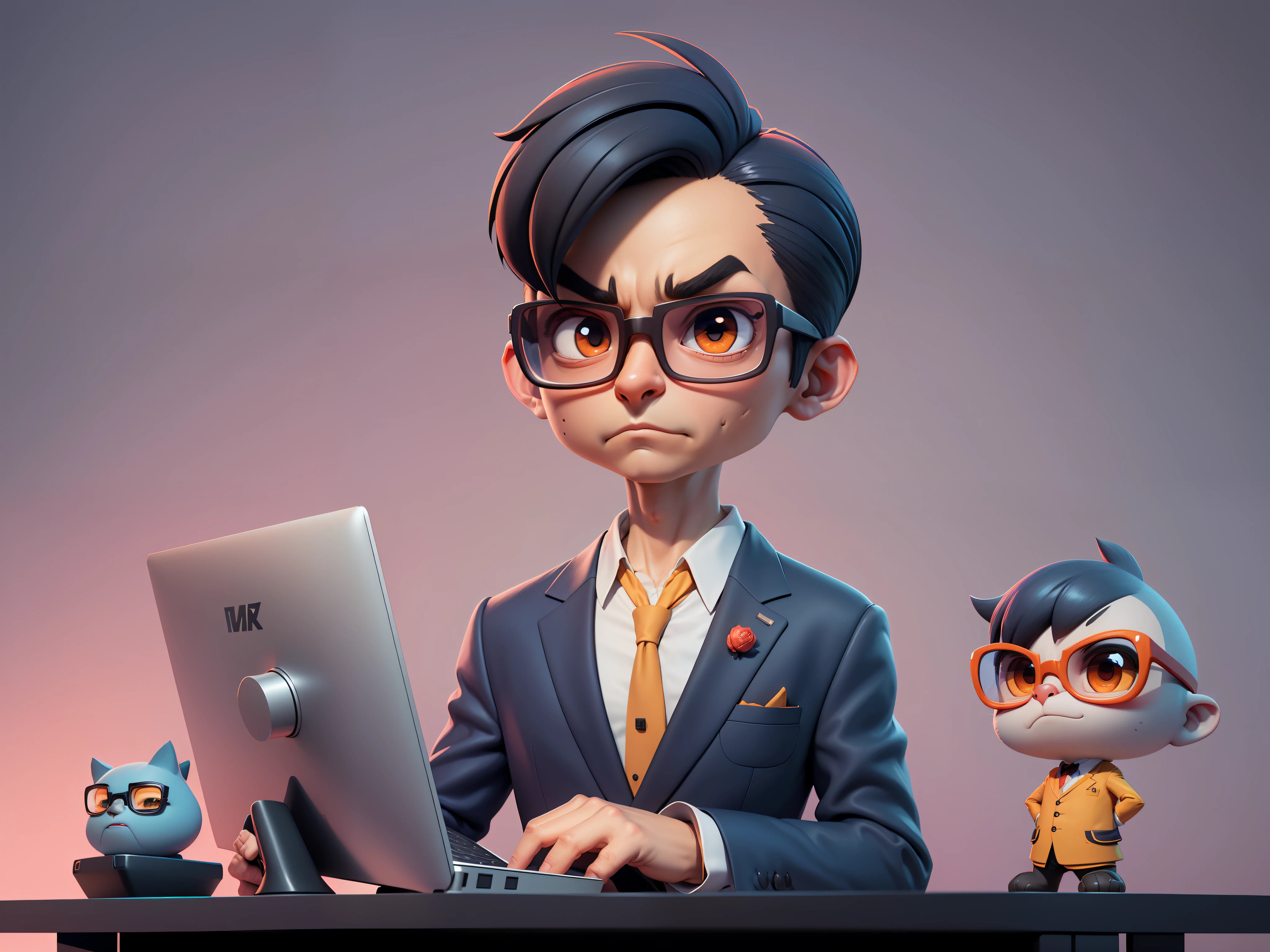 A young man in a suit, Short hair and glasses sat at his desk,holding laptop,digitial painting,tigre,3D character design by Mark Clairen and Pixar and Hayao Miyazaki and Akira Toriyama,4K HD illustration,Very detailed facial features and cartoon-style visuals。