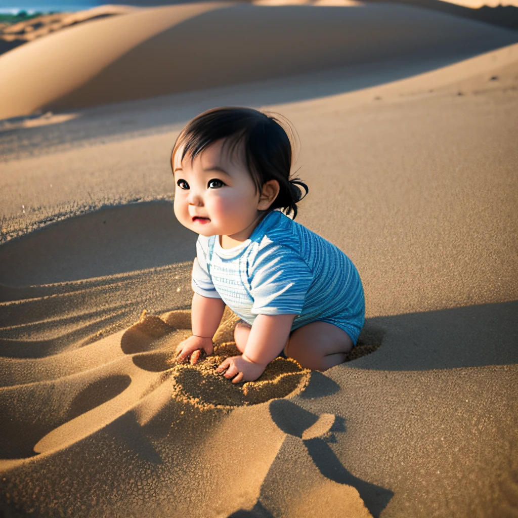 Chubby girl playing in the sand in the morning sun