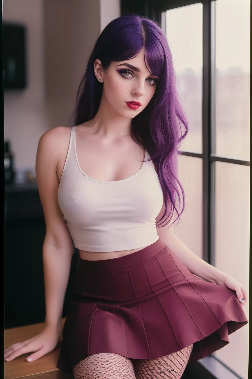 (masterpiece), cinematic film still, modelshoot style, (full body shot) of beautiful woman, (long hair), purple hair, (perfect face), (detailed facial features), (makeup), seductive look, (emo, e-girl, goth), (amazing body), (detailed skin), (skin pores), (wearing tank-top and skirt and fishnets), indoors, looking at viewer, (detailed background), shallow depth of field, (detailed), photographed on a Kodak box camera,